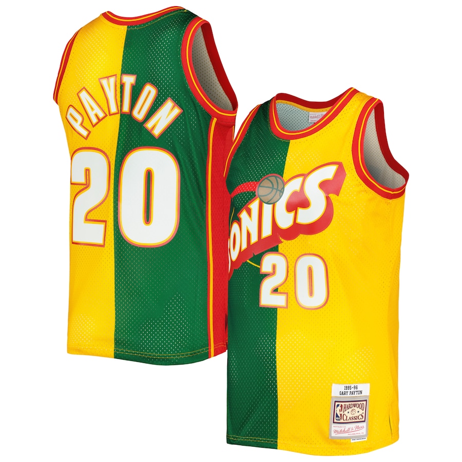 Men's Seattle SuperSonics Gary Payton Mitchell & Ness Green/Gold Hardwood Classics 1995/96 Split Swingman Jersey