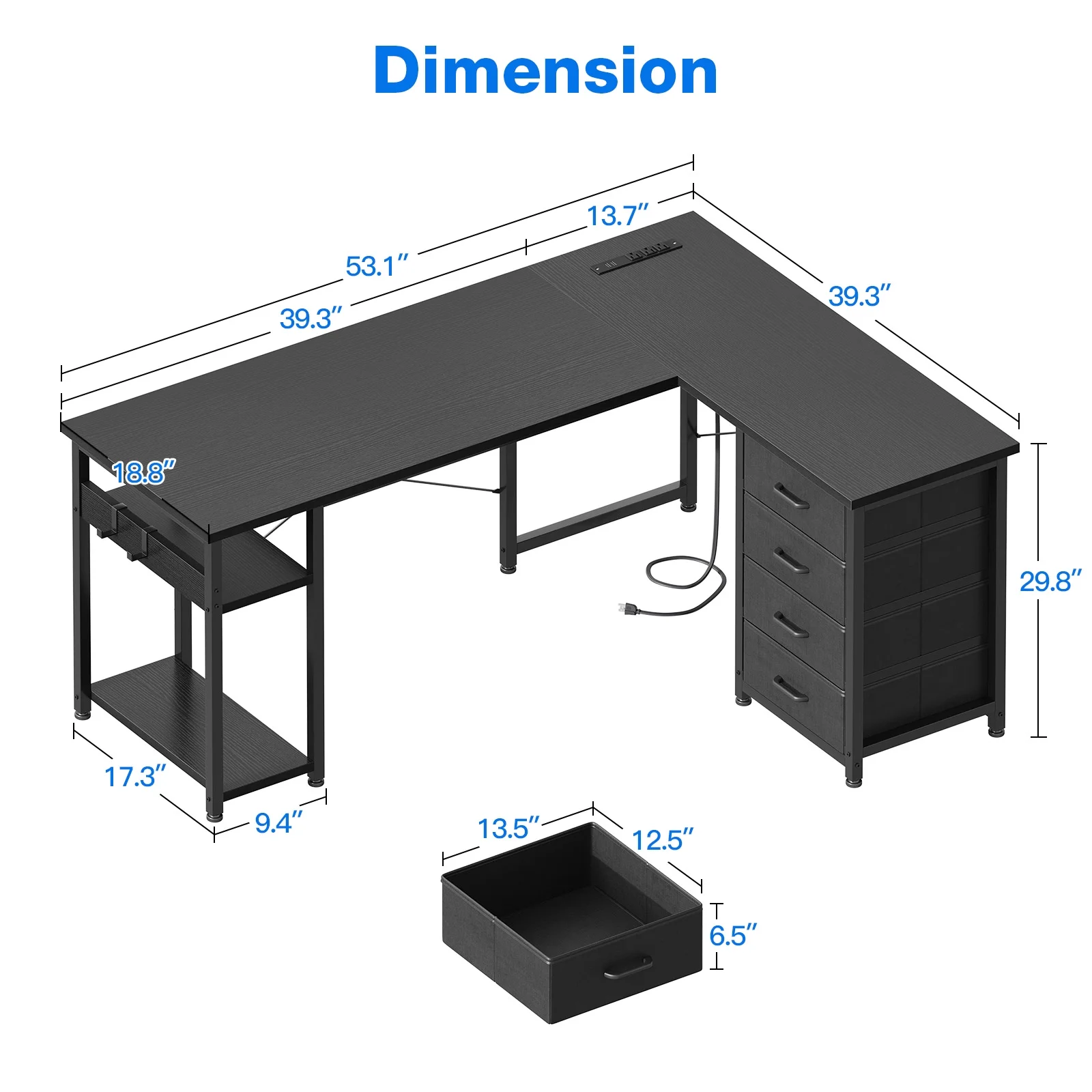 Reversible Modern Simple Style L Shaped Desk with Charging Station and Drawers, Pure Black