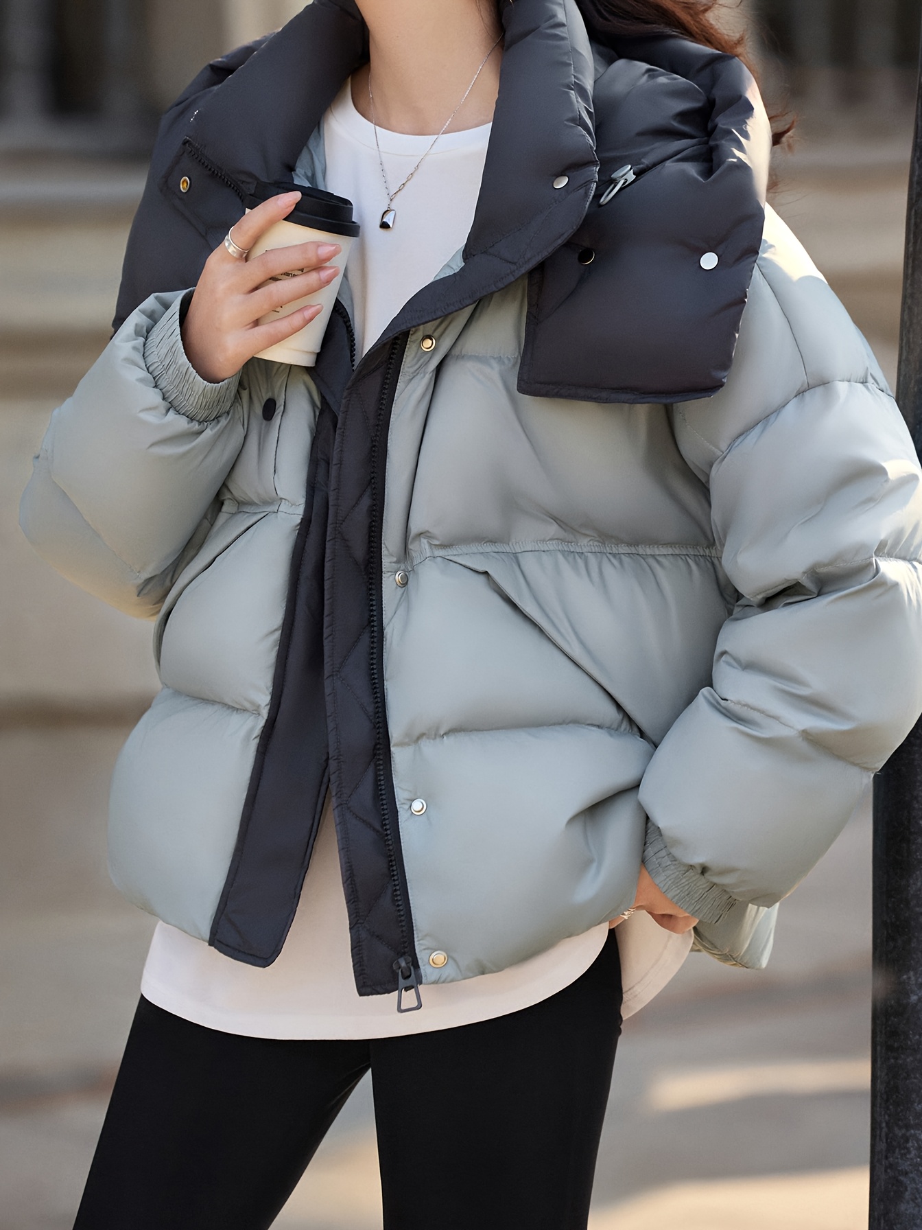 MOHOMO Chic Color Block Hooded Puffer Jacket for Women – Warm White Duck Down, Zip-Up Winter Coat