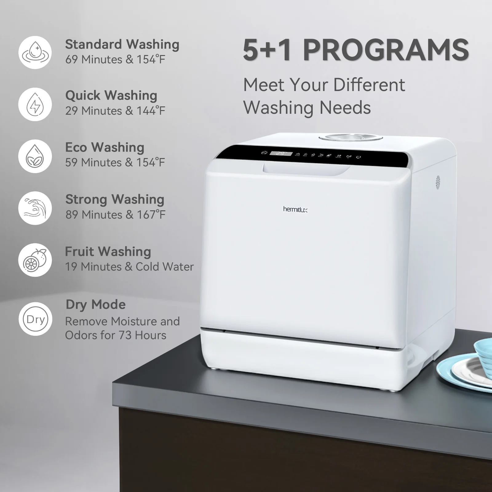 Hermitlux Portable Countertop Dishwasher, 5 Washing Programs, 5L Built-in Water Tank and Air-Dry Function, HMX-DW03