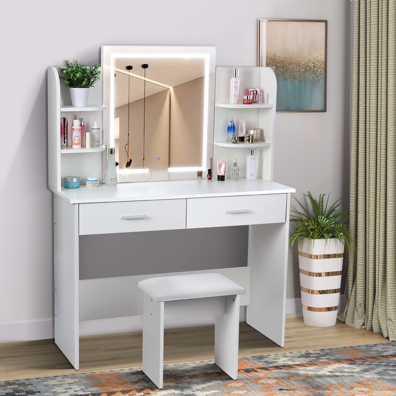 RichYa Modern Makeup Vanity Set with Lights Mirror and Drawers,White Makeup Desk,Dressing Table
