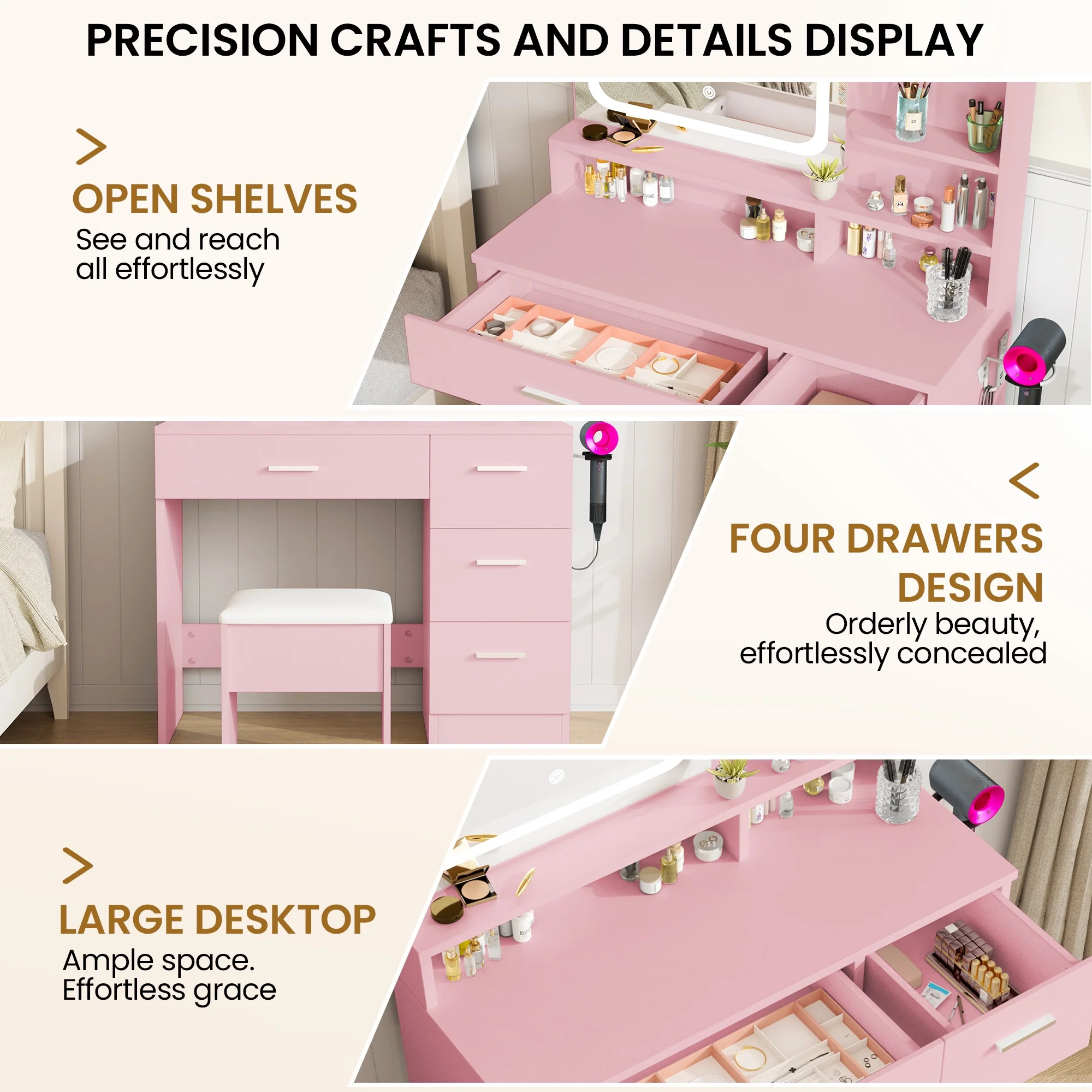 LIVELYGLOW Vanity Desk with Mirror and Lights, Makeup Vanity with Drawer & Storage Shelves, Cabinet, 3 Lighting Modes Adjustable Brightness,White