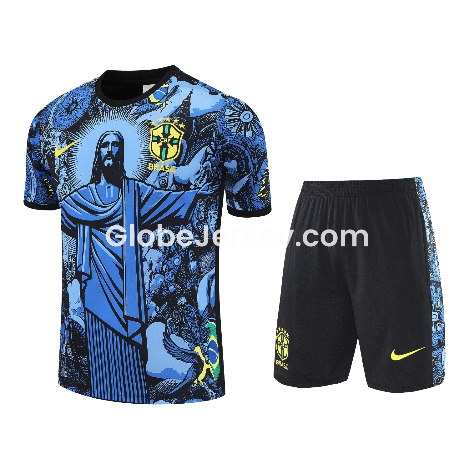 Brazil 25-26 Blue Jesus Statue Short-Sleeve Training Set - Blue Top & Black Shorts