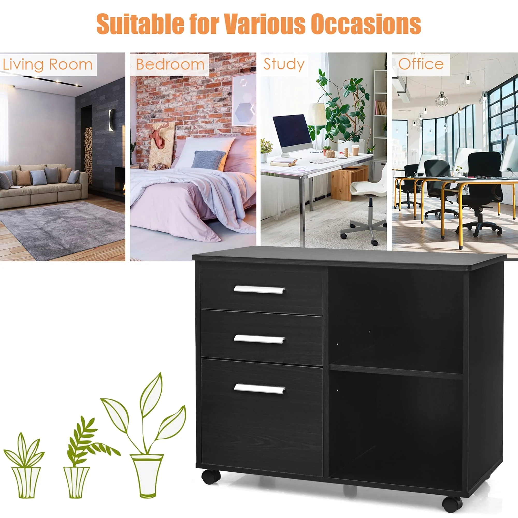 Costway 3-Drawer File Cabinet Mobile Lateral Cabinet Printer Stand Black