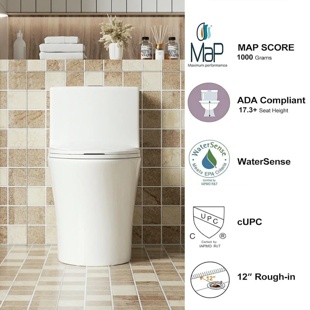 Spaco 1.1/1.6 GPF Dual Flush One-Piece Toilet, Button on Tank top S-trap 12 inches, Elongated Bowl with Soft Close Seat, Water-Saving MAP 1000g, Comfort Chair Seat ADA Height, Light Gray