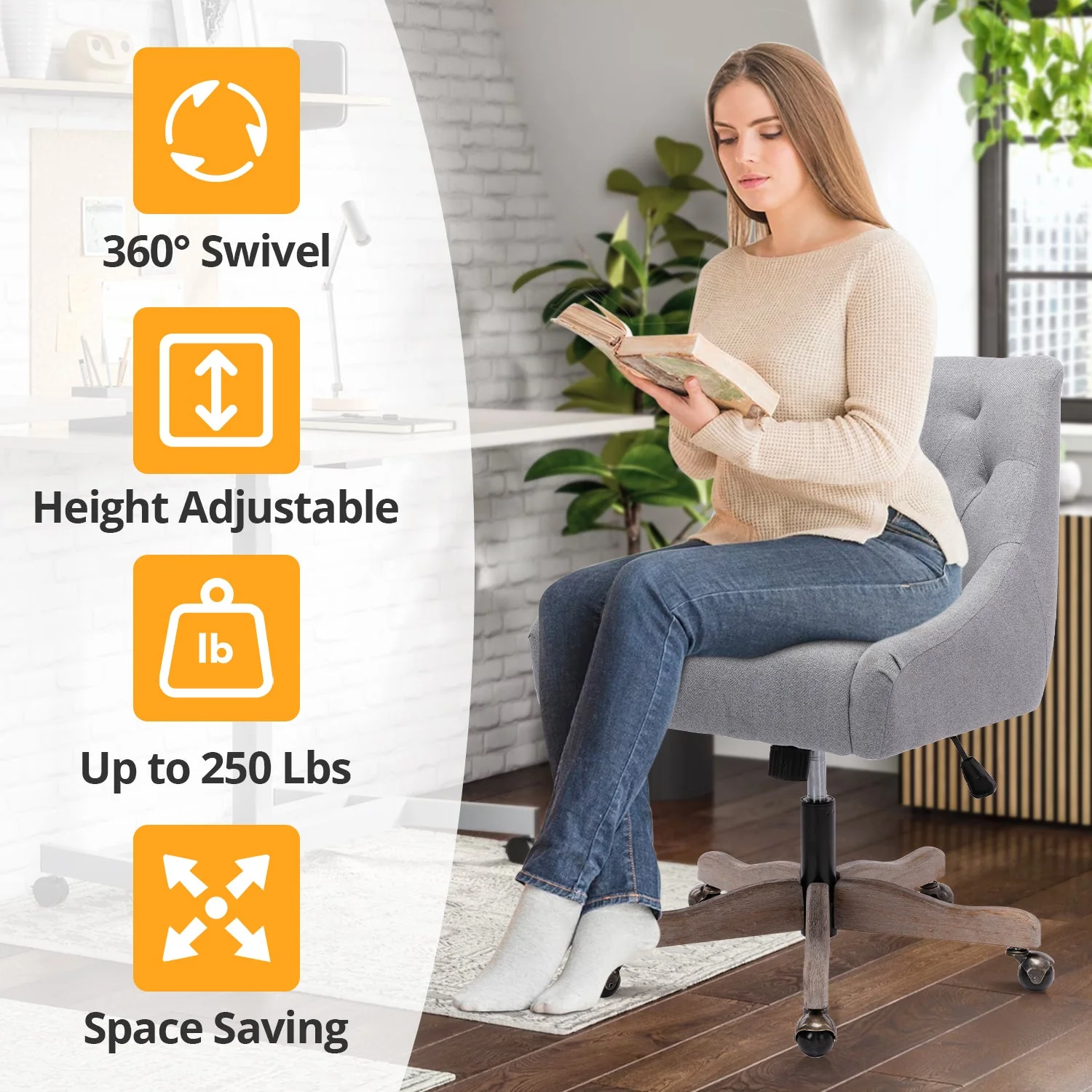 Swivel Shell Office Chair, Modern Fabric Upholstered Tufted Accent Computer Desk Chair with Ergonomic Wide Backrest and Wooden Legs, Height Adjustable Swivel Vanity Chair for Office, Grey