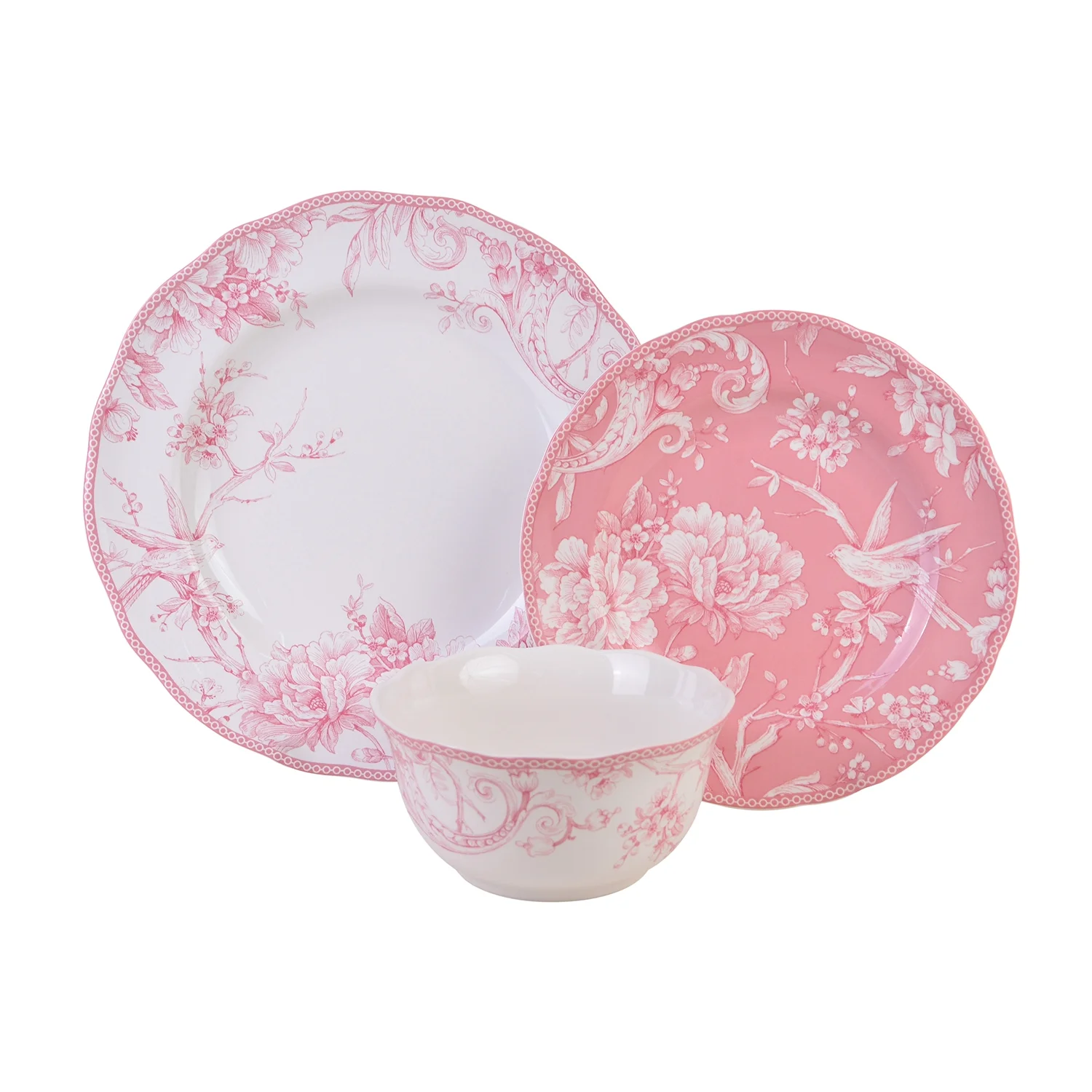 222 Fifth Adelaide Brown on White Porcelain 12 Piece Dinnerware Set, Plates & Bowls, Service for 4