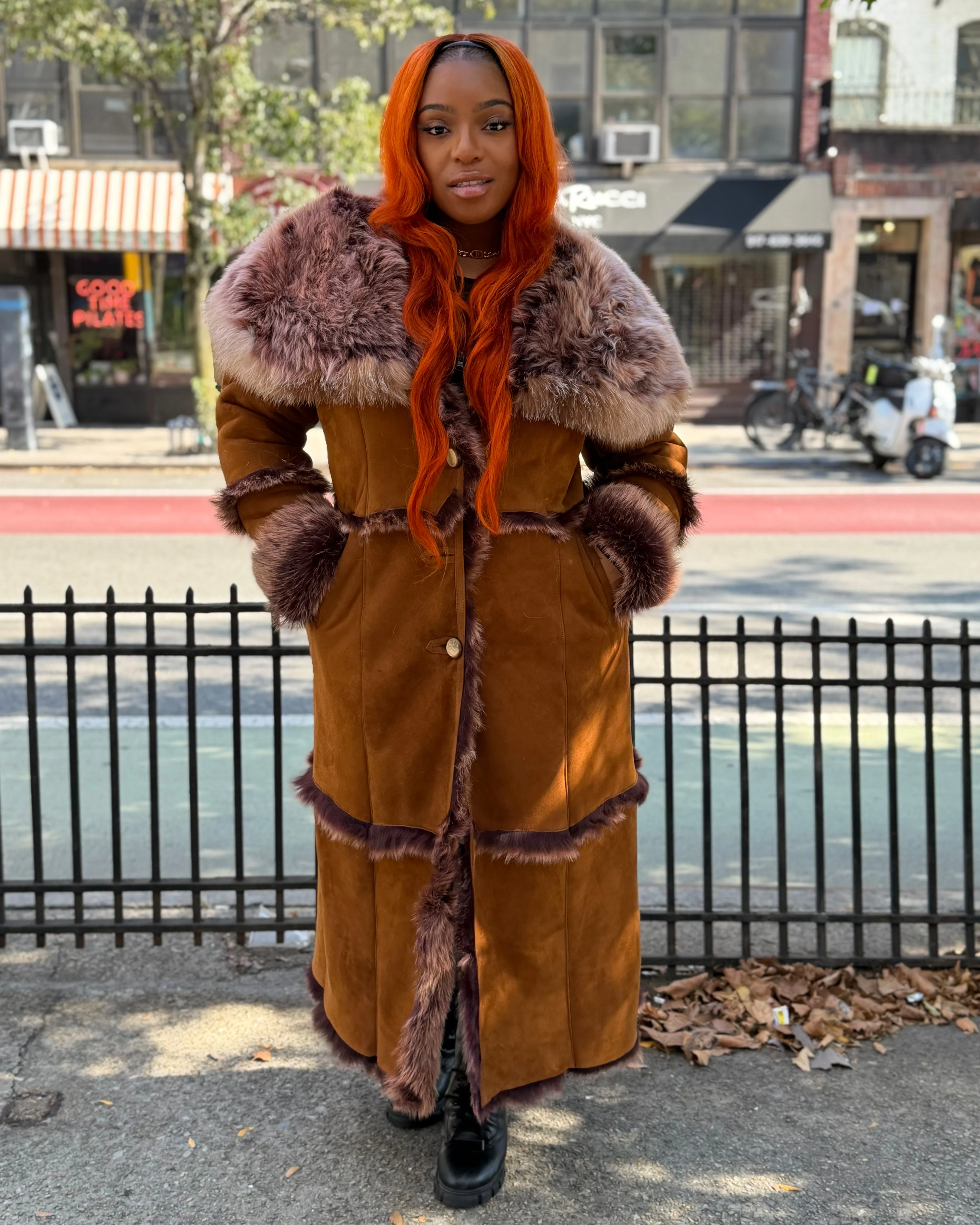 WOMEN SHEARLING- FULL LENGTH BROWN SHEARLING WITH HOOD
