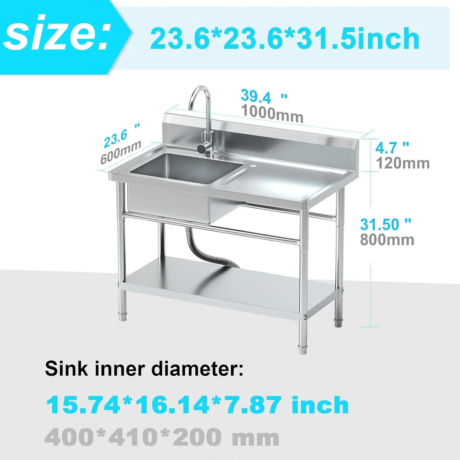 Stainless Steel Utility Sink with Cold and Hot Water Pipes, Free Standing Single Bowl Commercial Kitchen Sink with Workbench,Storage Shelf& Faucet ,For   Kitchen,Bathroom,Farmhouse,Indoor,Outdoor