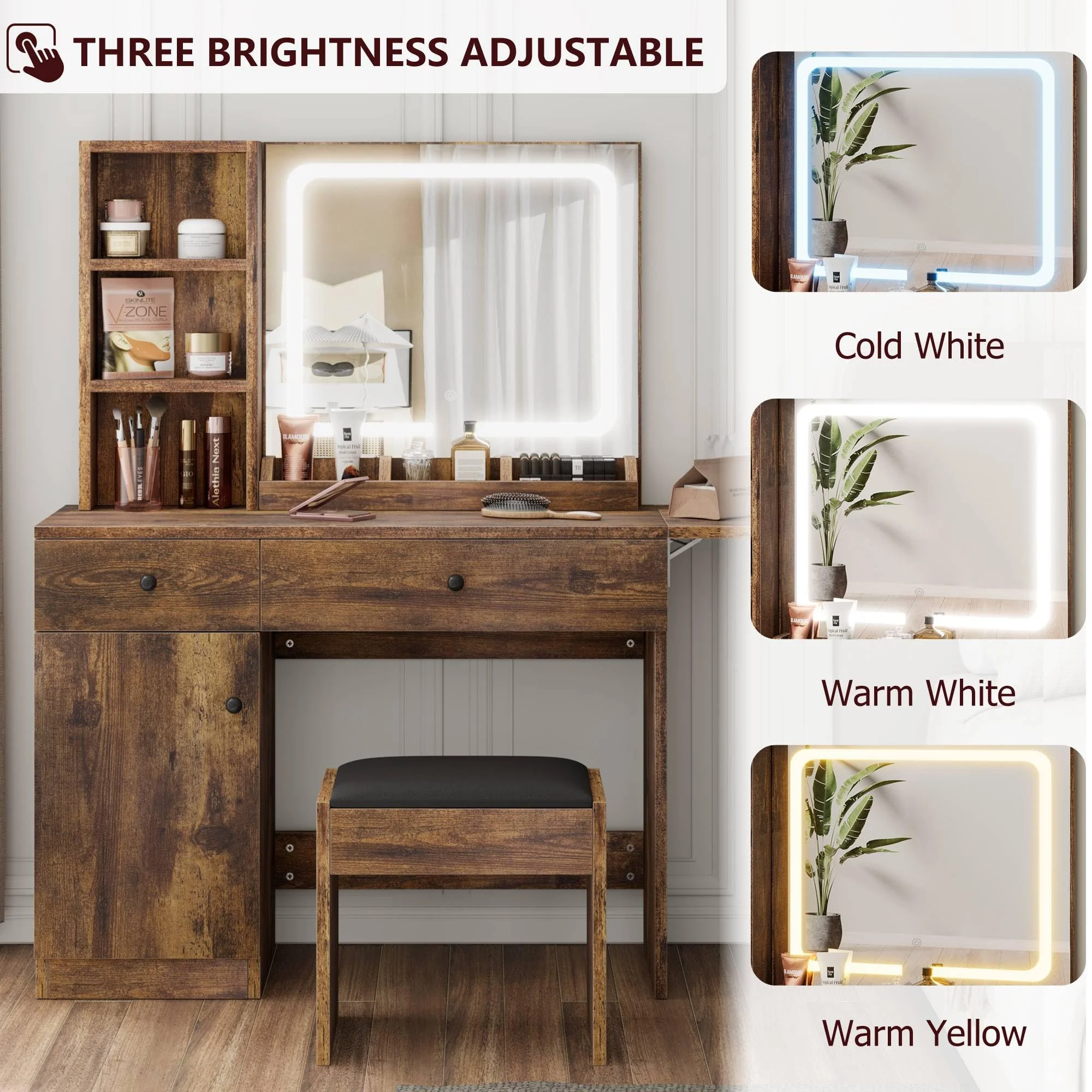 DSstyles Brown/Black/White Vanity Desk with LED Lighted Mirror & Power Outlet, Makeup Vanity with Drawers & Cabinet & Chair, Vanity Table Set for Bedroom
