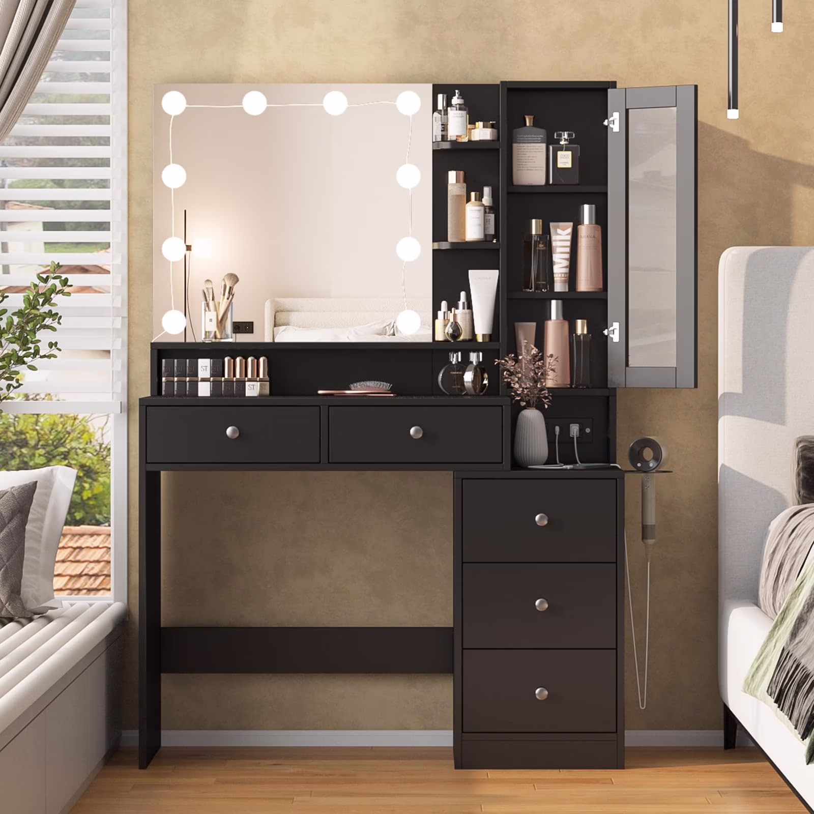 VEANERWOOD Makeup Vanity Desk with Lighted Mirror and Power Strip, Modern Vanity Table with 5 Drawers, White