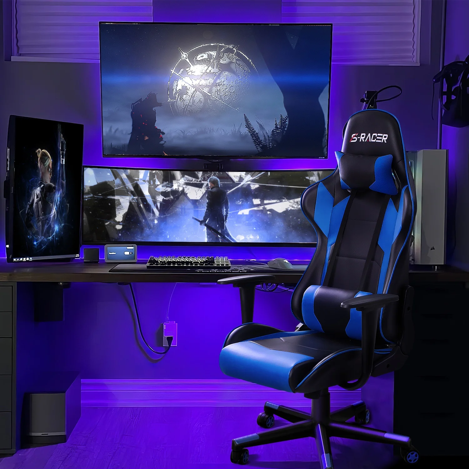 Homall Gaming Chair Office Chair High Back Computer Chair Leather Desk Chair Racing Executive Ergonomic Adjustable Swivel Task Chair with Headrest and Lumbar Support, Purple