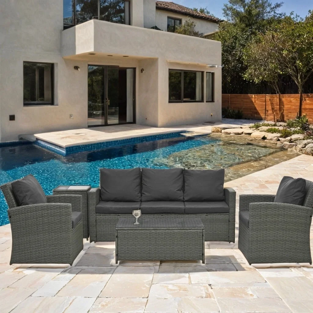 HighSound 5 Pcs PE Rattan Wicker Patio Sofa Set Outdoor Sectional Furniture Set with Tempered Glass Table