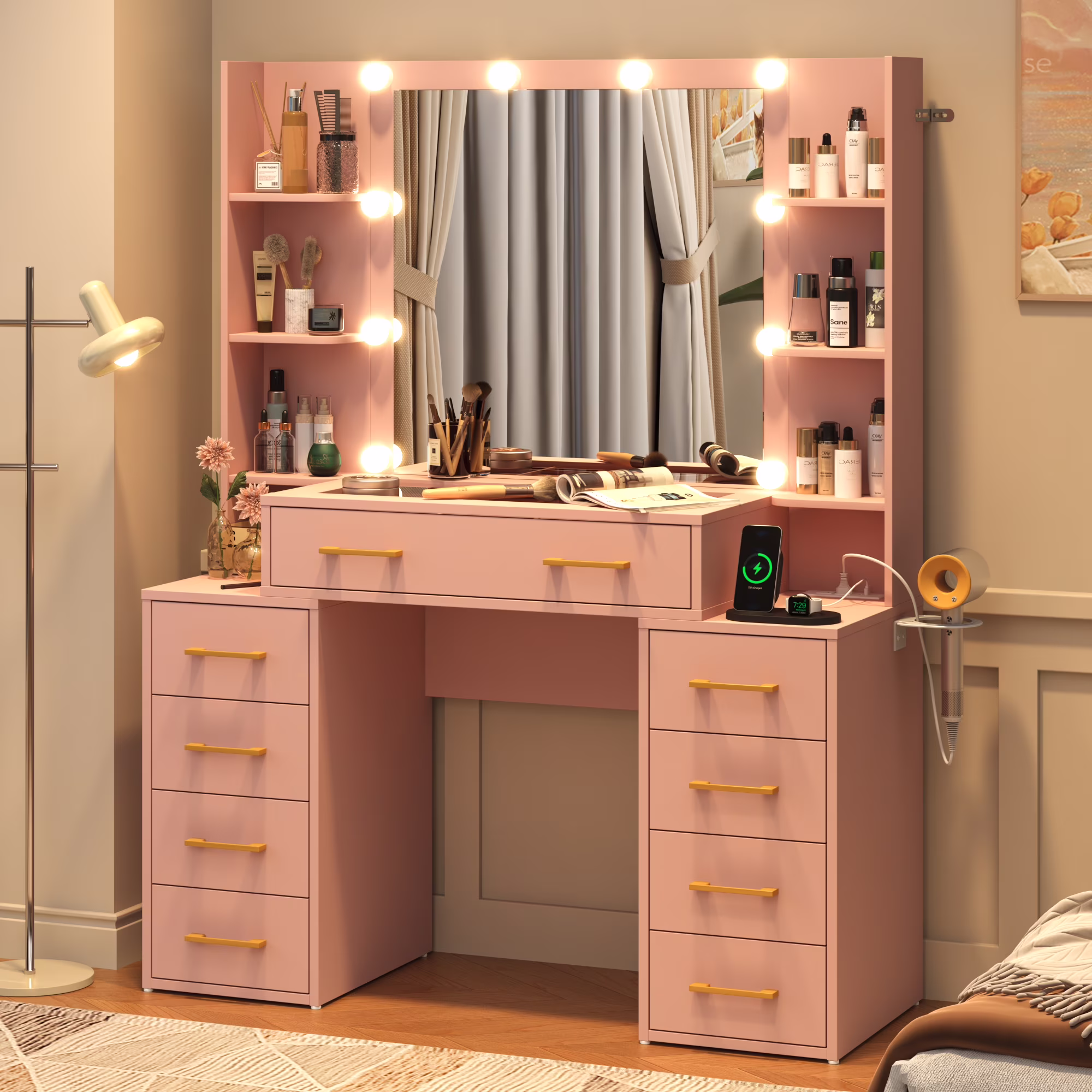 White Vanity Desk with Mirror & LED Lights, Glass Top Vanity Desk with Charging Station & Compartment Storage Drawers, 43