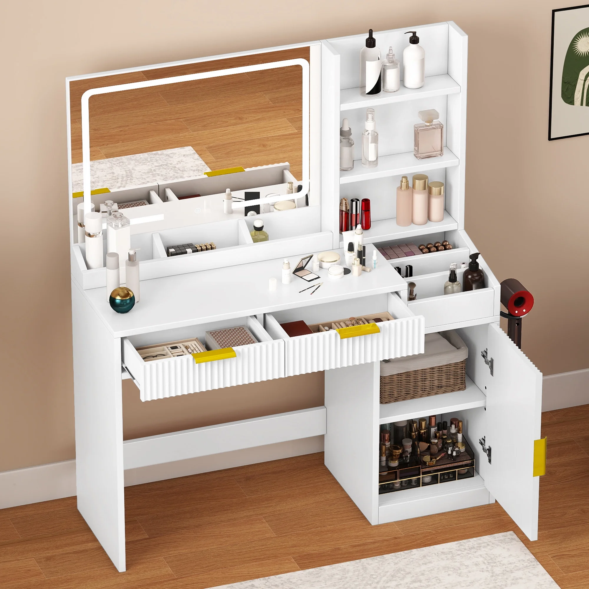 Uforic Vanity Desk with Mirror and LED Lights, Makeup Vanity Table with 2 Drawers & 11 Shelves, Makeup Table with Power Outlet for Bedroom Dressing Room,Oak
