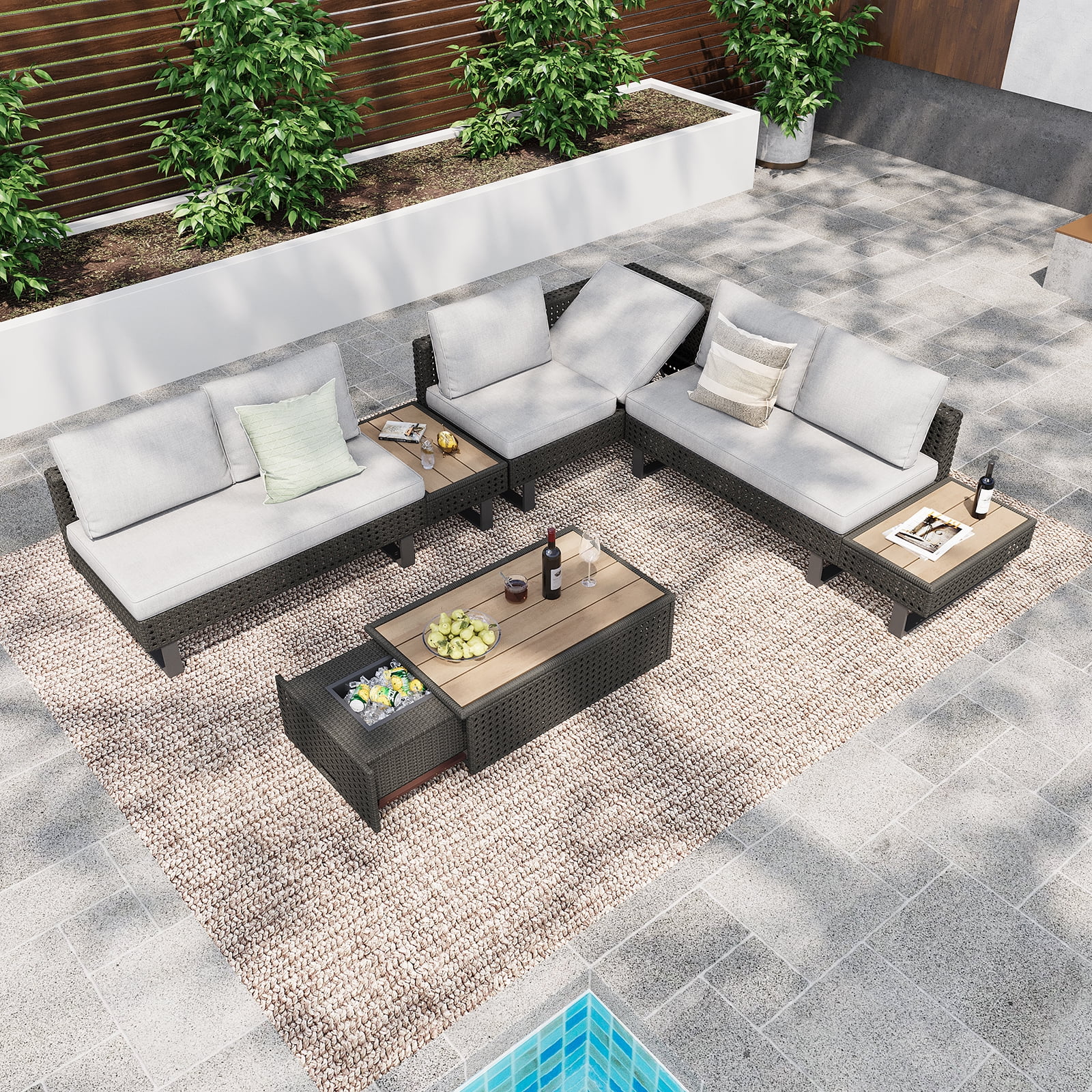 6-Piece Outdoor Sectional Furniture Set for Patio, Expandable Coffee Table w/ Ice Bucket & Collapsible Seat, Deep Cushions - Khaki