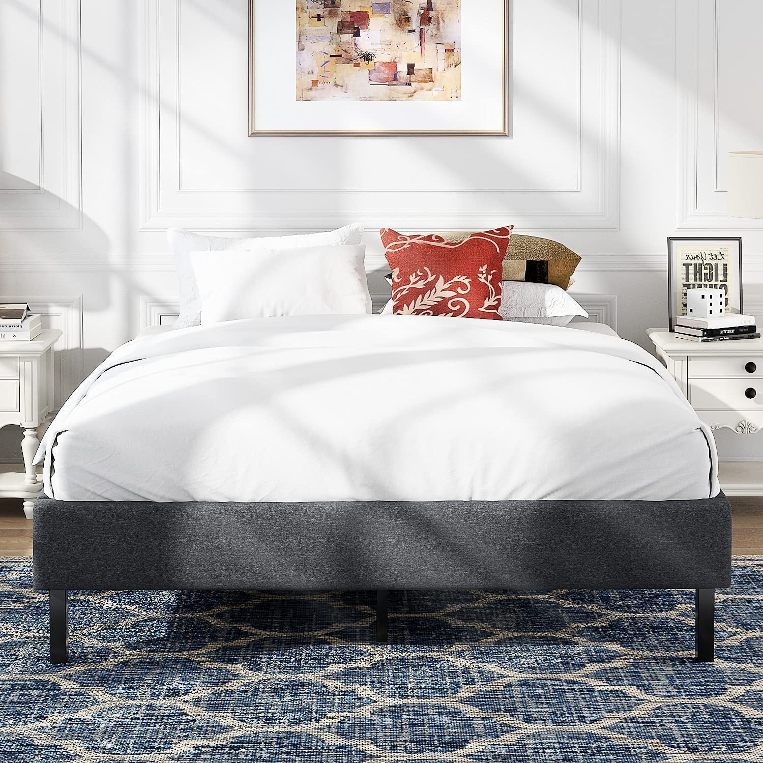 Allewie Queen Size Upholstered Platform Bed Frame, 24 Wooden Slats Support, No Box Spring Needed, Dark Grey