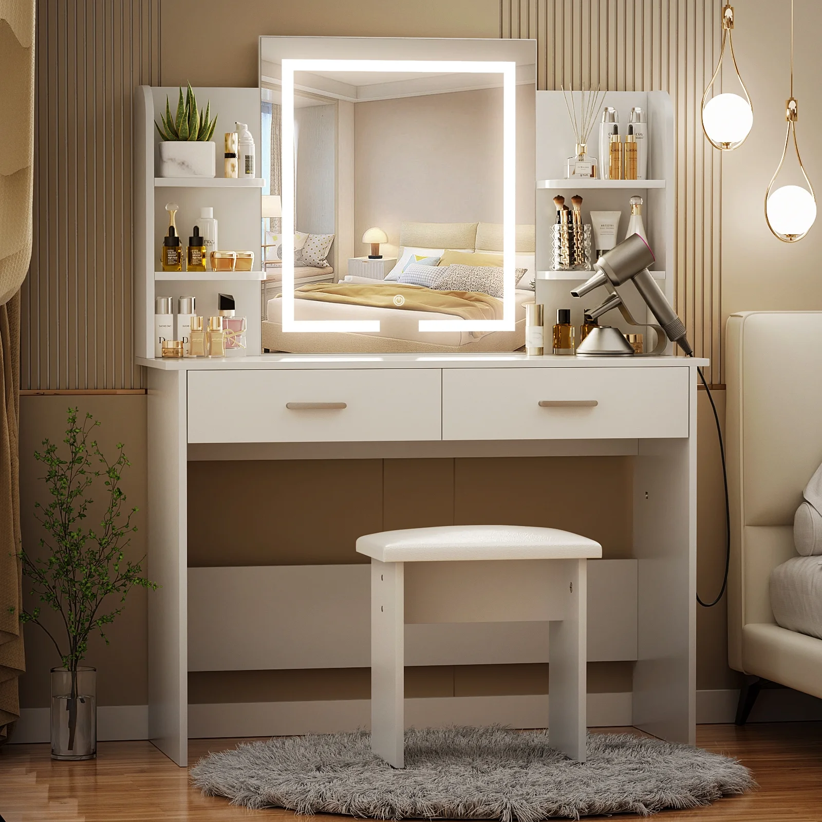 RichYa Modern Makeup Vanity Set with Lights Mirror and Drawers,White Makeup Desk,Dressing Table