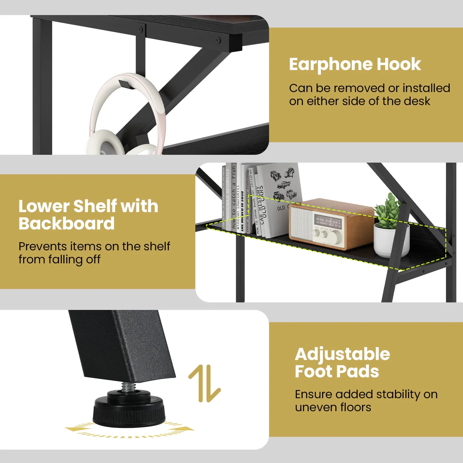 Costway Home Office Desk with Monitor Stand, Open Shelf & Metal Frame, Earphone Hook White