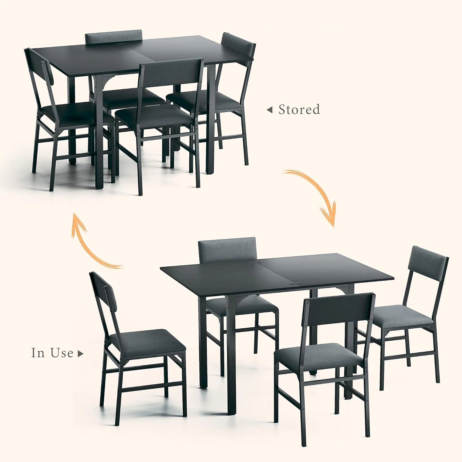 Fairy Dining Table Set for 4, Extendable Kitchen Table Cushion Chairs Set of 4, Rectangle Dining Table with Metal Frame & MDF Board, Folding for Small Apartment Saving Space, Black