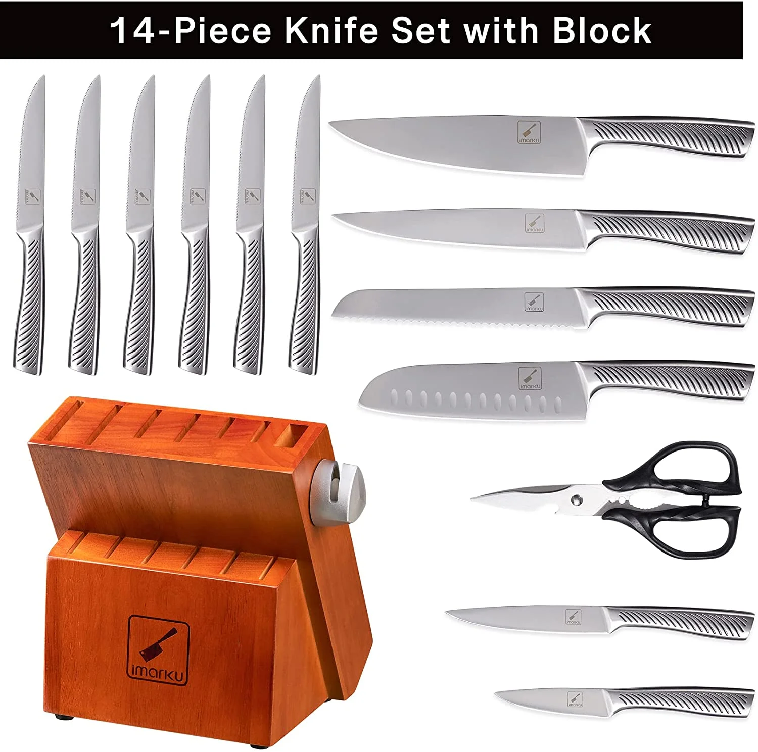 imarku | 14-Piece Knife Set High Carbon Japan Stainless Steel with Block and Sharpener