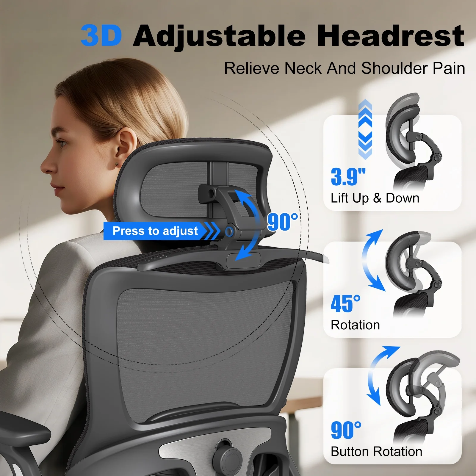 Ergonomic Mesh Office Chair with Adjustable Headrest 3D Armrests High Back Desk Chair with Lumbar Support Tilt Lock