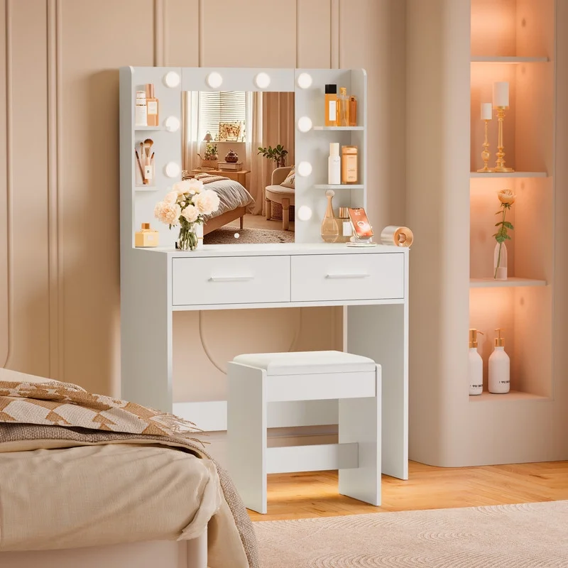 Furmax Makeup Vanity Table and Chair Set with 3 Modes Adjustable Lights and Mirror Vanity Desk with Shelves and Drawer, White