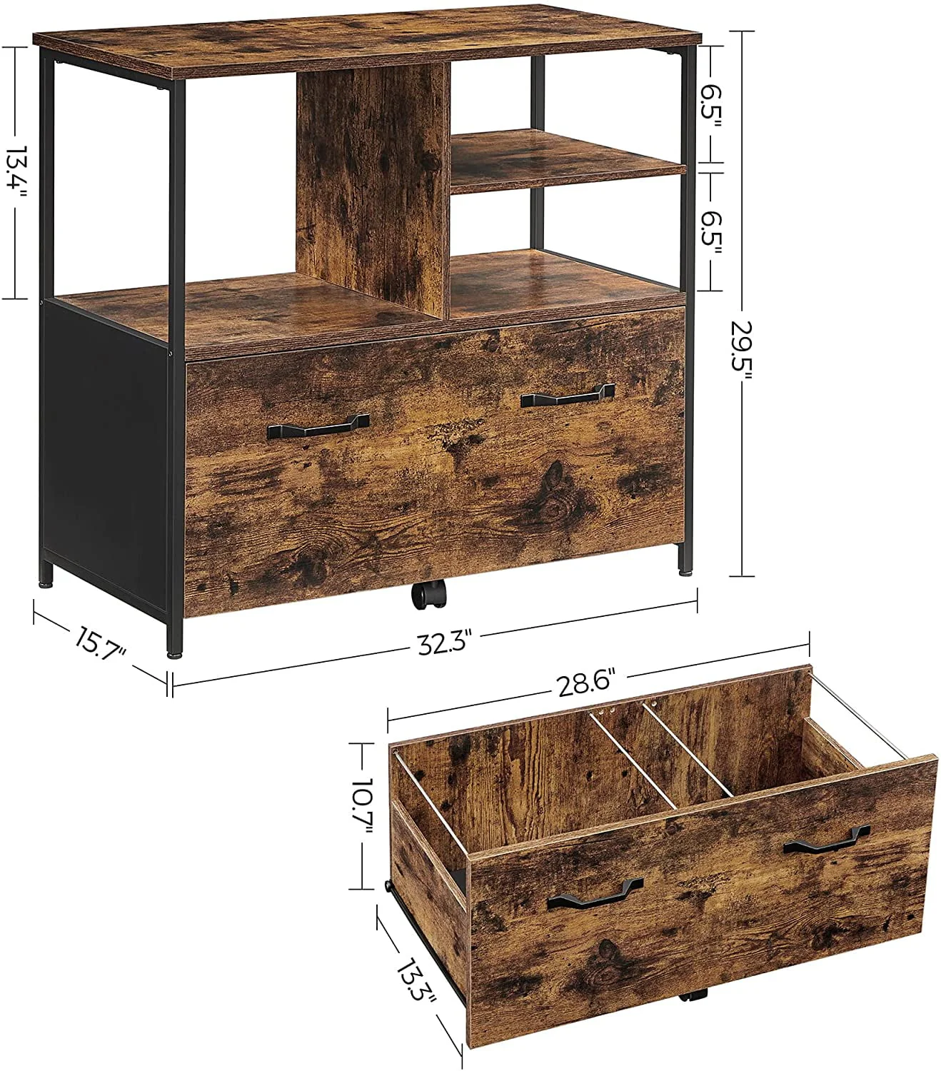 VASAGLE Lateral File Cabinet for Home Office, Filing Cabinet with Open Shelves and Drawer, Rustic Brown and Black
