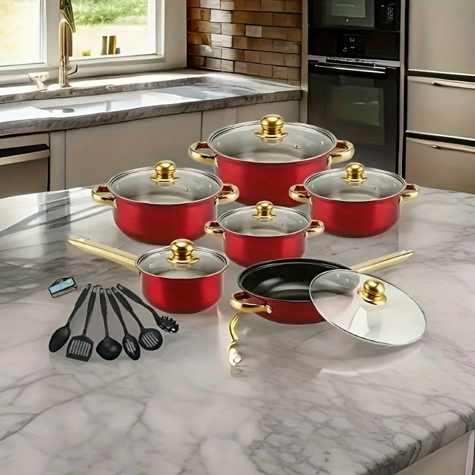Red 18pcs Stainless Steel Cookware Set, Non-stick Cookware Set, Heat-resistant, Frying Pan, Saucepan, Stew Pot, Multifunctional, Stylish, Durable, Suitable For All Stoves