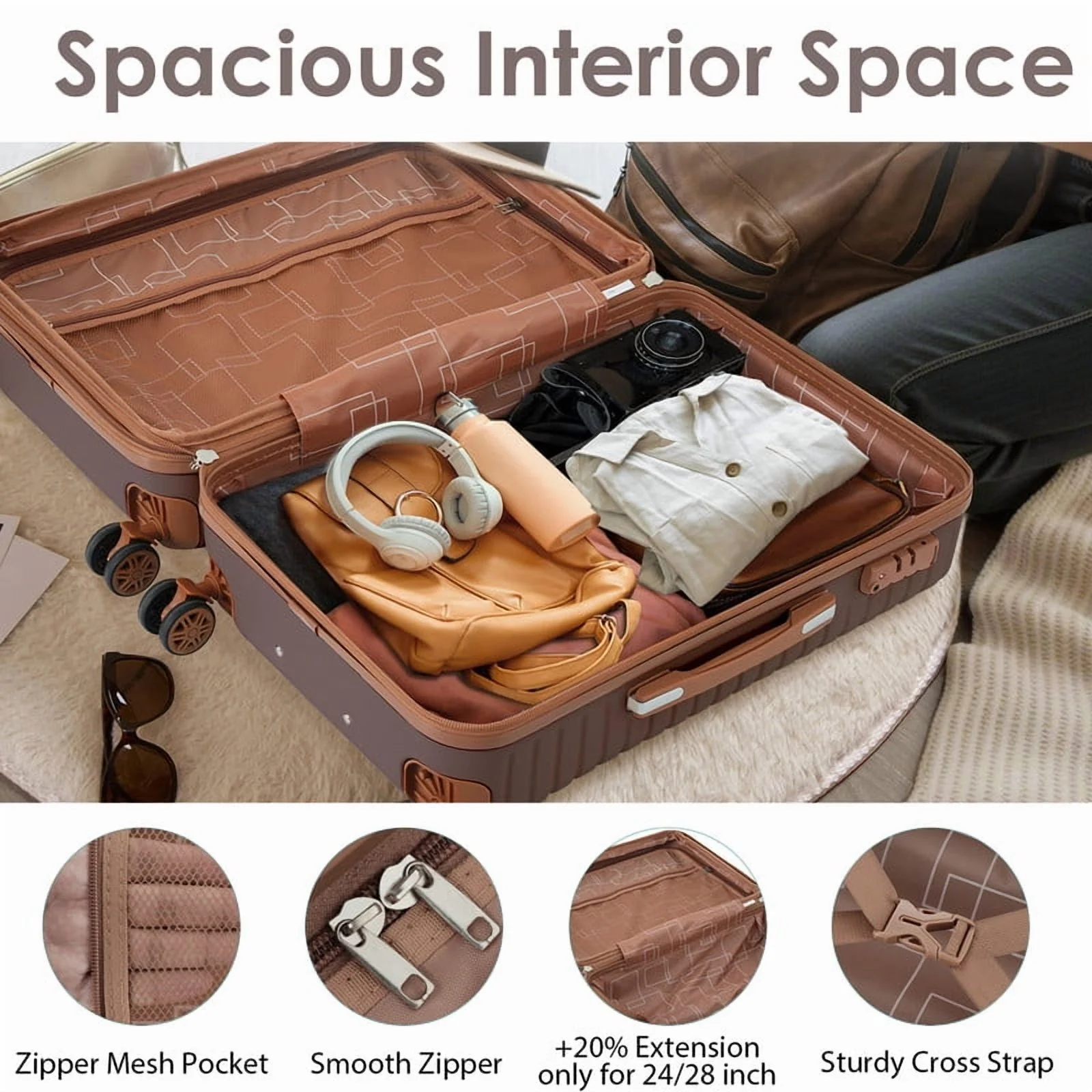 EBQOSK 4PCS Carry On Expandable Luggage Set with 4 Packing Cubes, 16/24/26/28 Inch Three-layer ABS Composite Suitcases with TSA Lock & 360°Spinner Wheels for Family Travel, Expand 25% Space Brown