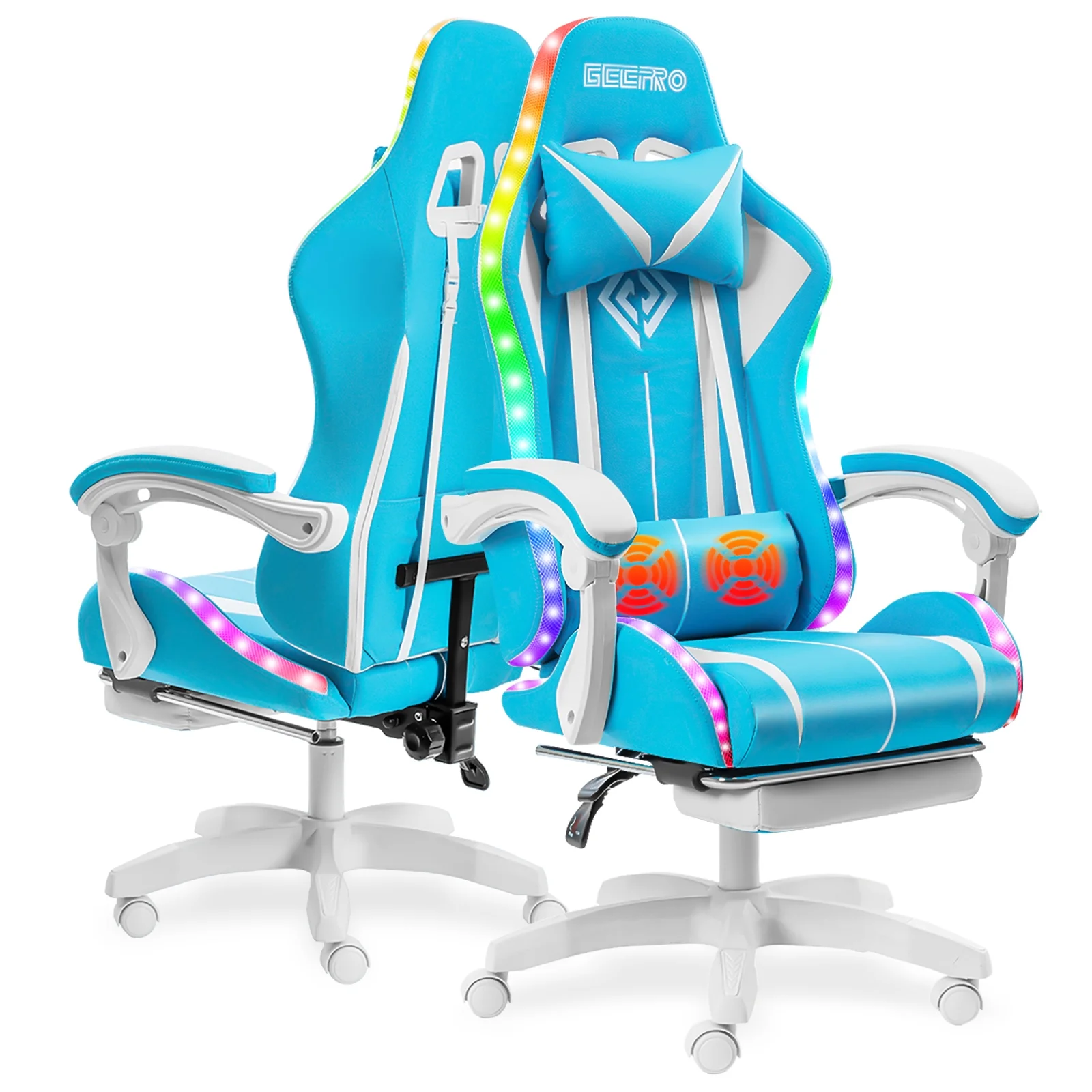 Hoffree Gaming Chair with Massage PU Leather Office Chair with Footrest and LED Light Ergonomic Gamer Chair Lumbar Support Adjustable Headrest High Back Computer Desk Chair for Home Office