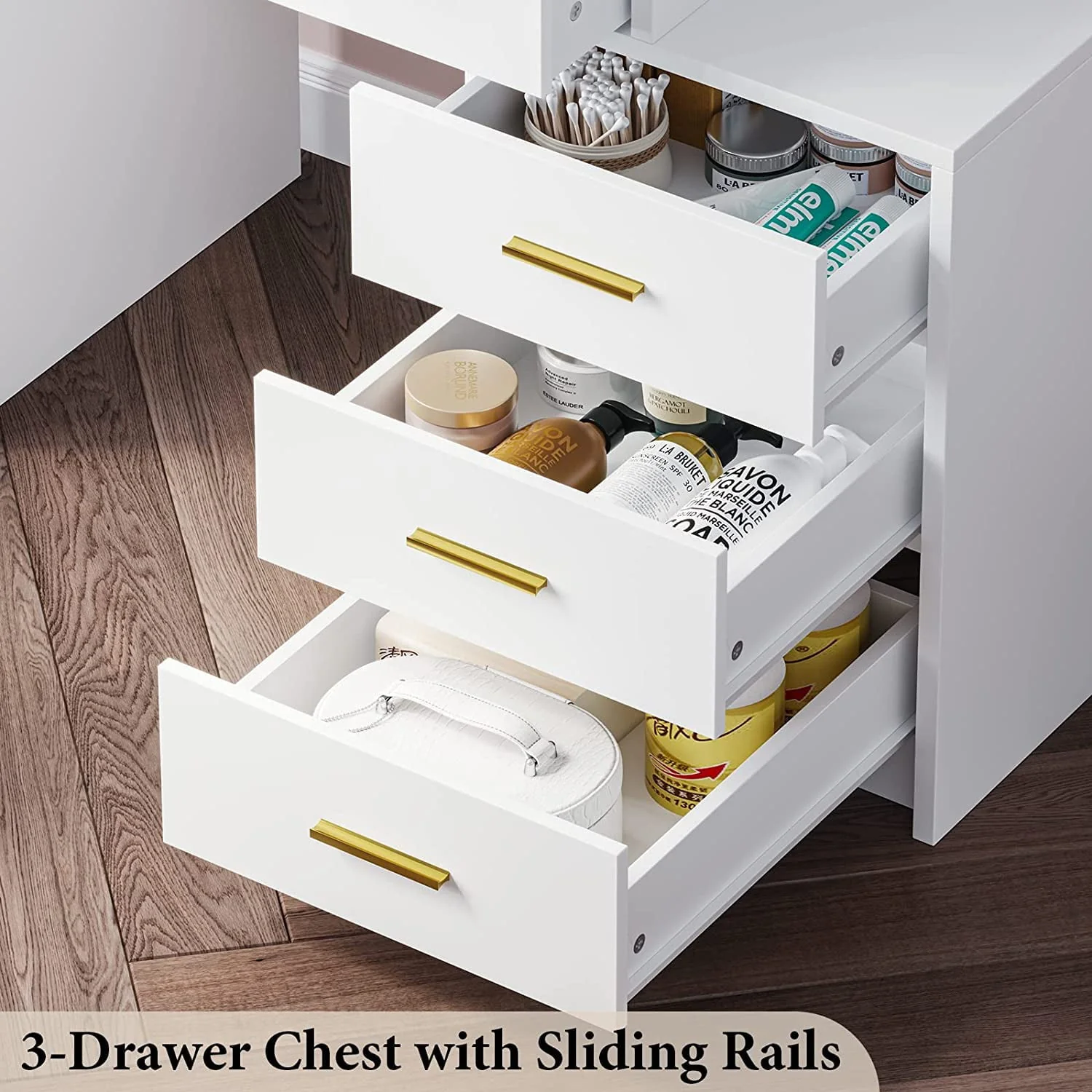 Makeup Vanity Table with Sliding Mirror,Vanity Desk with Hidden Storage Shelves and 5 Drawers,Modern Vanity Table with Mirror for Bedroom,White