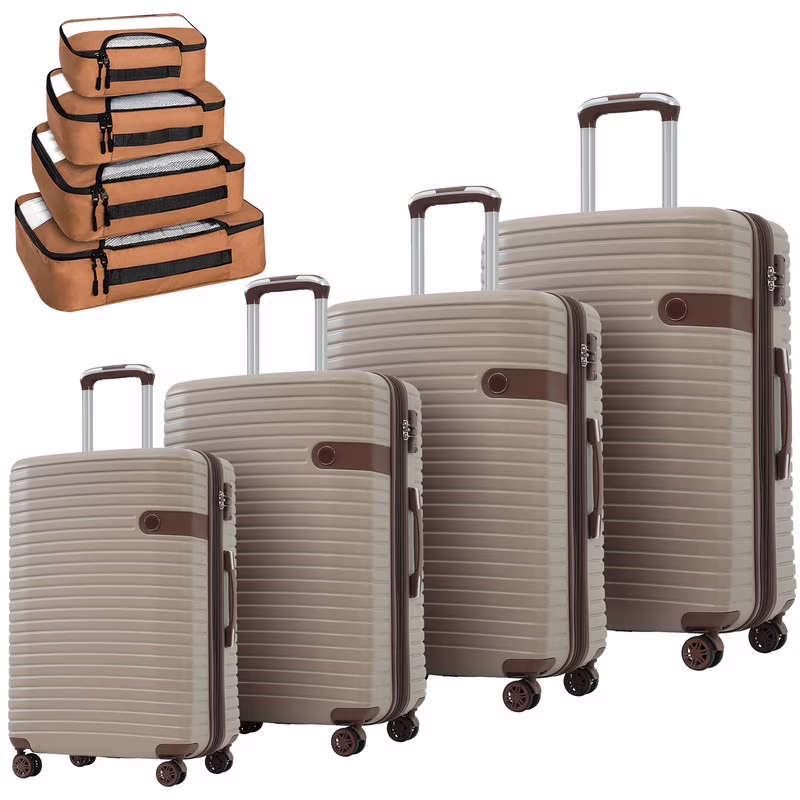 EBQOSK 4PCS Carry On Expandable Luggage Set with 4 Packing Cubes, 16/24/26/28 Inch Three-layer ABS Composite Suitcases with TSA Lock & 360°Spinner Wheels for Family Travel, Expand 25% Space Brown