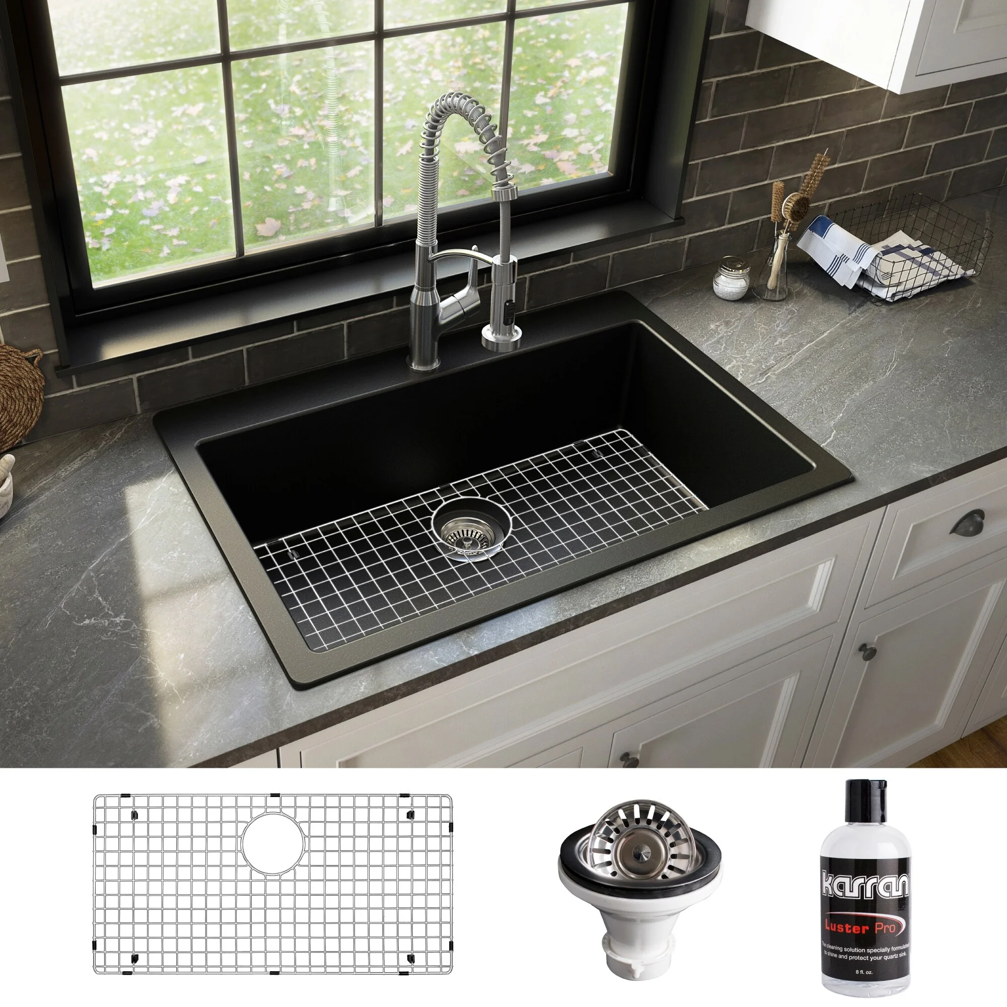 Karran  QT-812 Top Mount 33 in. Large Single Bowl Quartz Kitchen Sink Kit Black