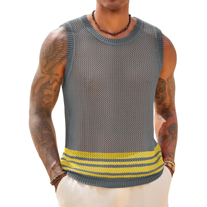 Men's Sleeveless Tank Tops Knitted Hollow Out Crochet