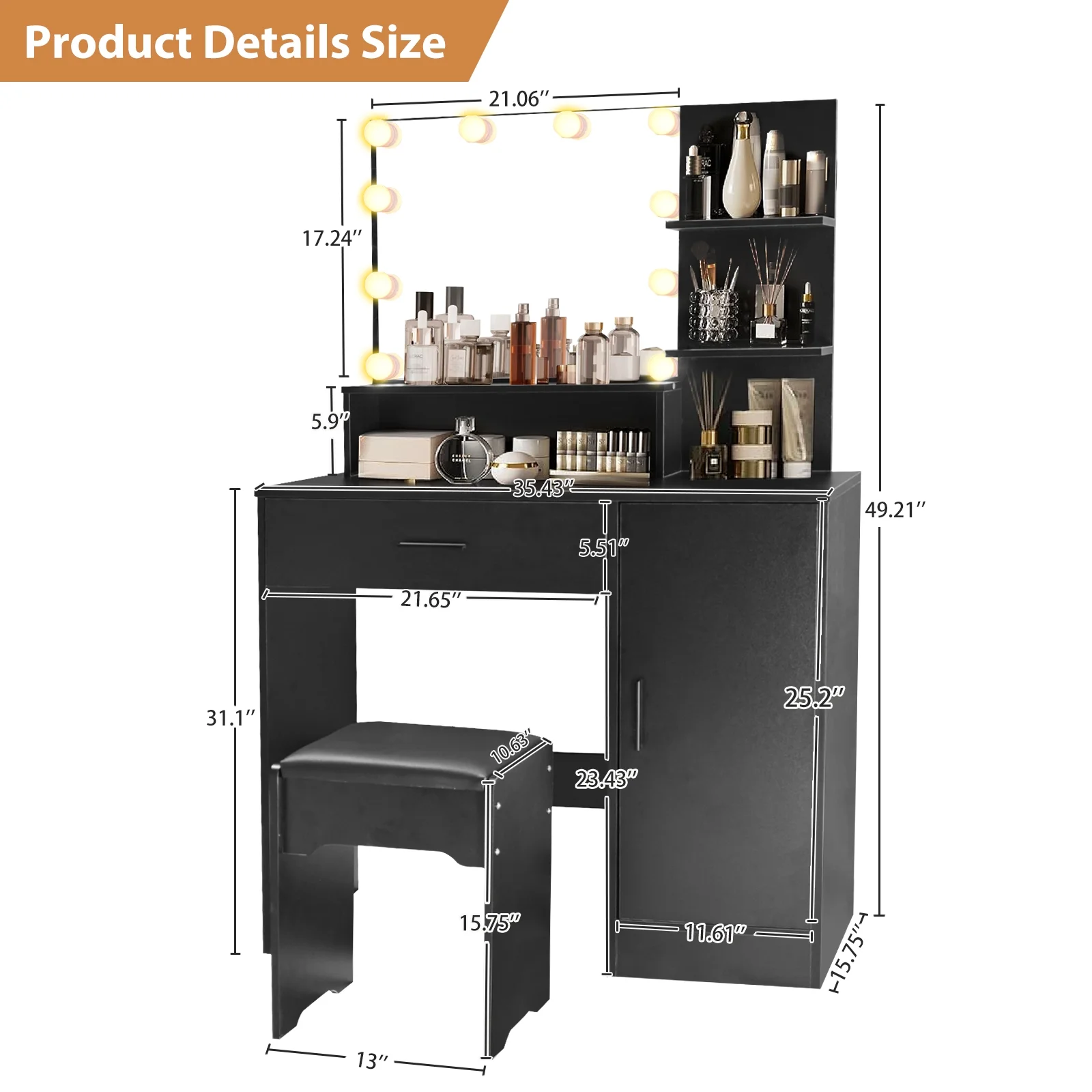 Vanity Desk with Mirror and Lights, Makeup Vanity with Drawer & Storage Cabinet, 3 Lighting Modes Adjustable Brightness, Makeup Desk with Open Shelves for Bedroom, Dressing Room, White