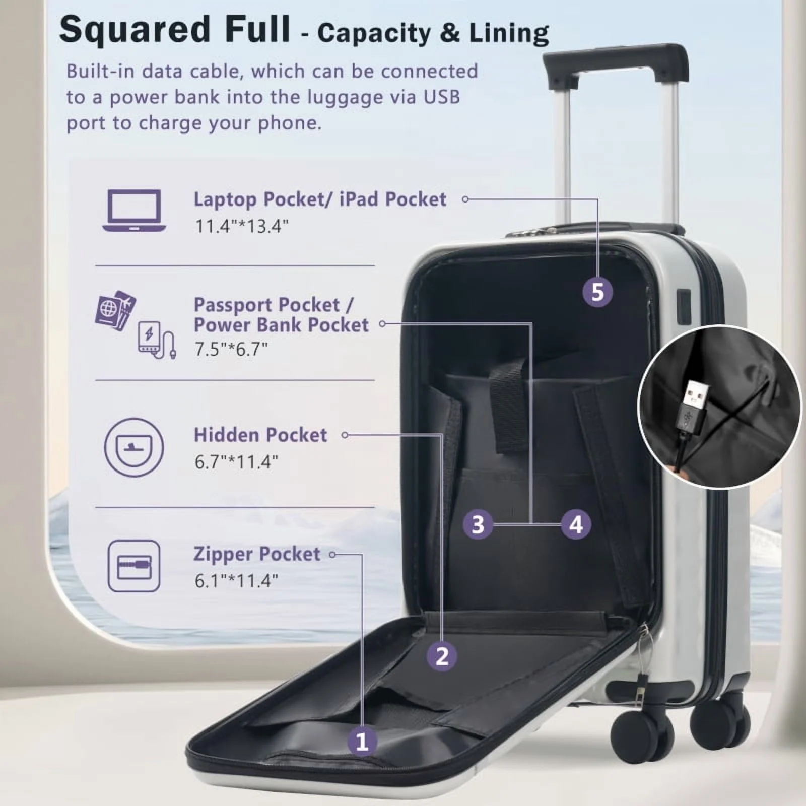 Front Opening Luggage Set 3 Piece, Hardside Carry on Suitcase with USB Port, Expandable Luggage with Handle Bag Spinner Wheels TSA Lock