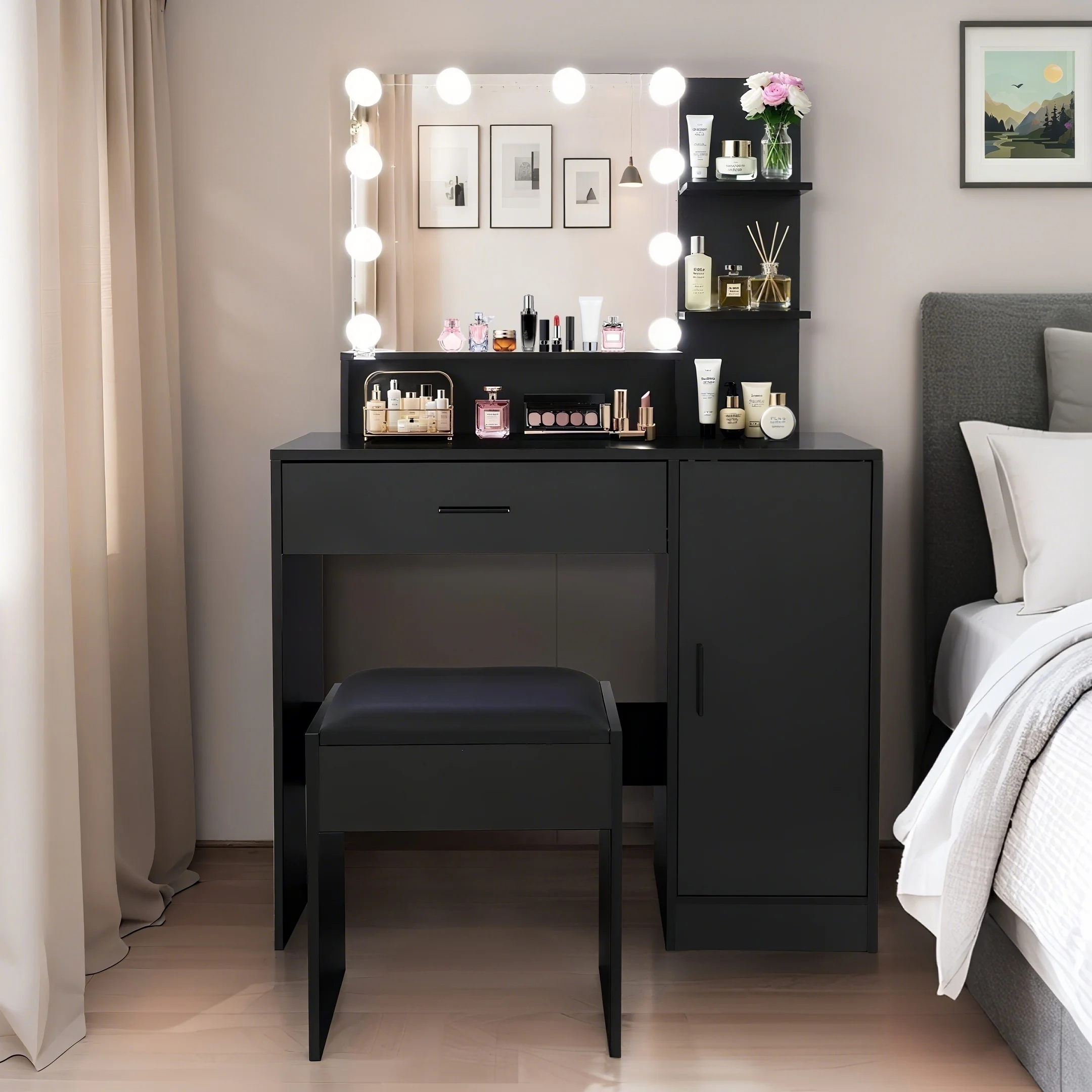 Vanity Desk with Mirror and Lights, Makeup Vanity with Drawer & Storage Cabinet, 3 Lighting Modes Adjustable Brightness, Makeup Desk with Open Shelves for Bedroom, Dressing Room, White
