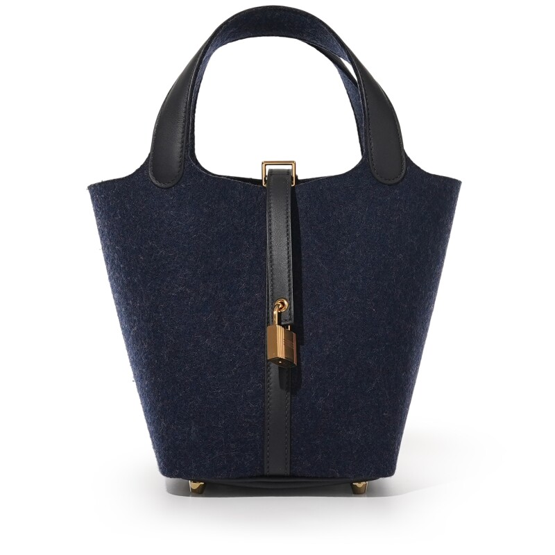 Bleu Nuit Feutre Wool and Black Swift Picotin Lock 18 Gold Hardware