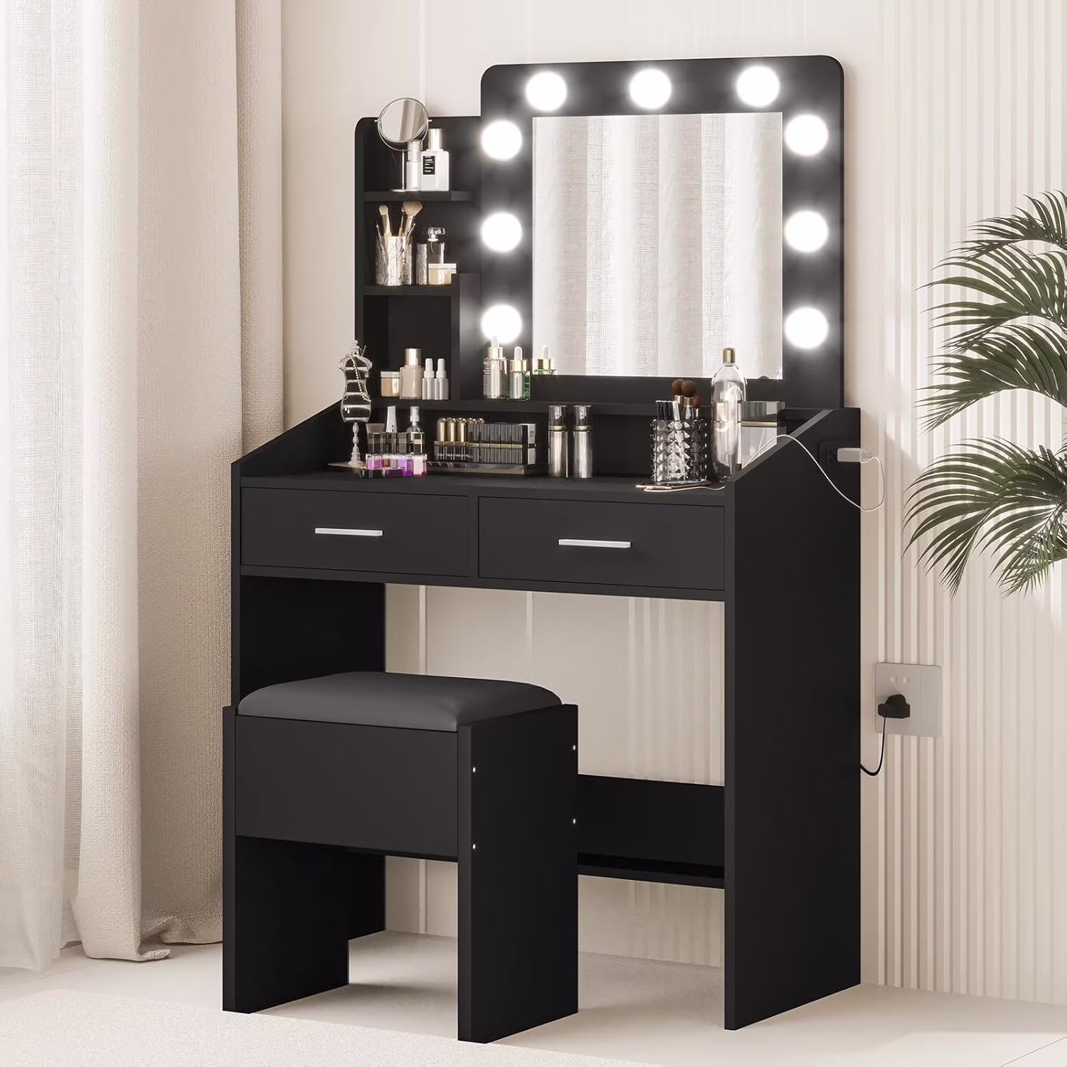 OYang Makeup Vanity with Lights, Vanity Desk with Mirror and Lights Set, Large Drawer and Two-Tier Lots Storage Cabinet, 3 Lighting Modes Adjustable Brightness