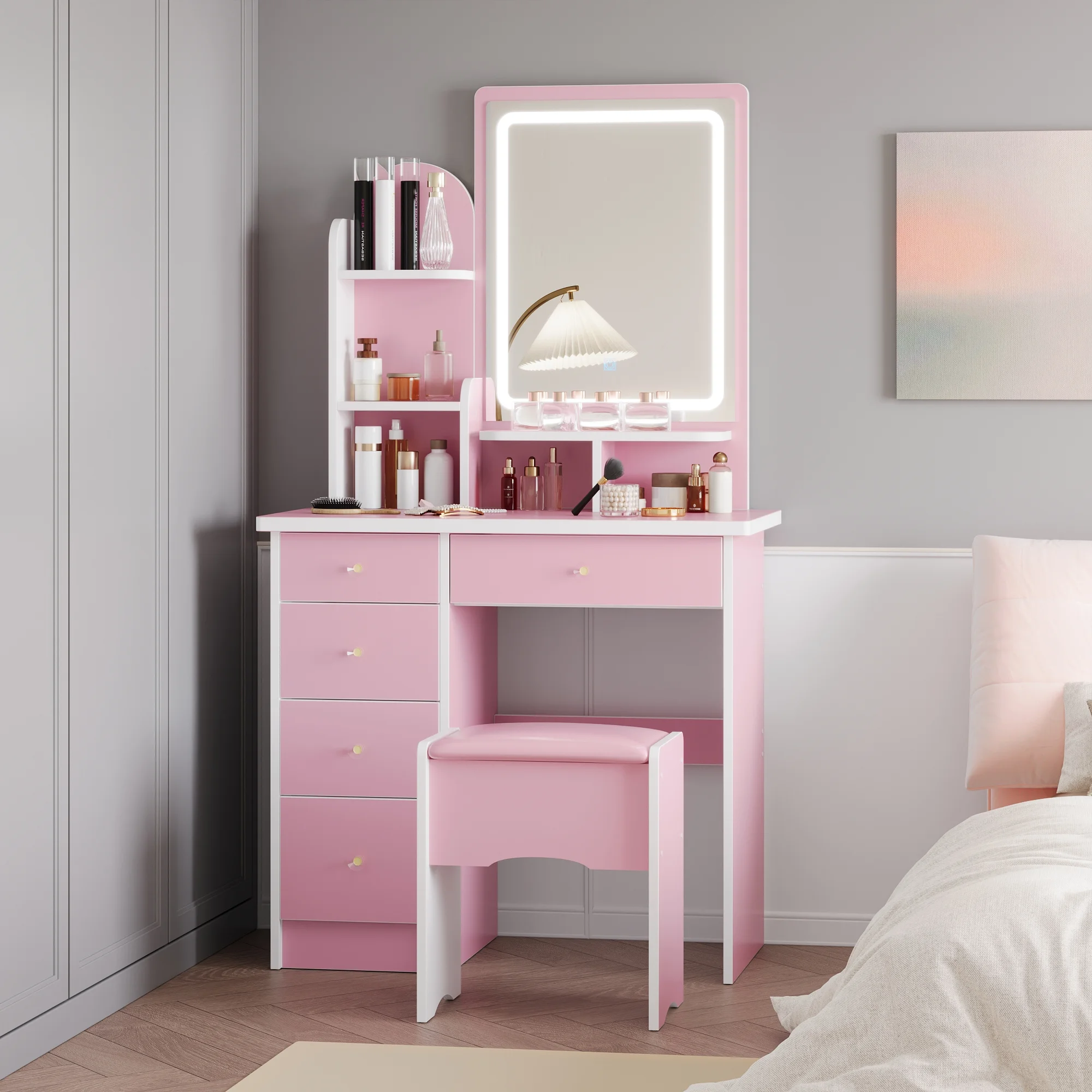 KULAGAGA Vanity Table Set with Light Mirror, Makeup Table with 3 Storage Shelves & 5 Drawers, Dressing Vanity Tables with , Dresser Desk for Girls, Women, White