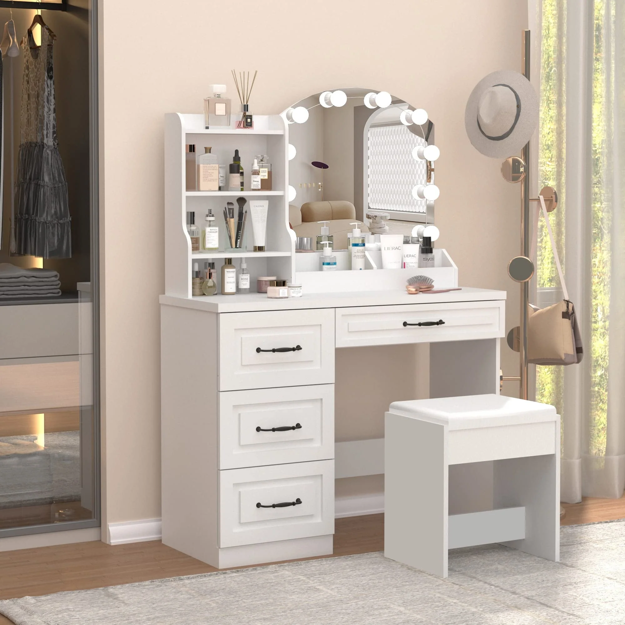 Veanerwood Makeup Vanity Desk with Lights and 4 Drawers, Modern Vanity Table Set, 3 Lighting Colors, 39.4in, White Finish