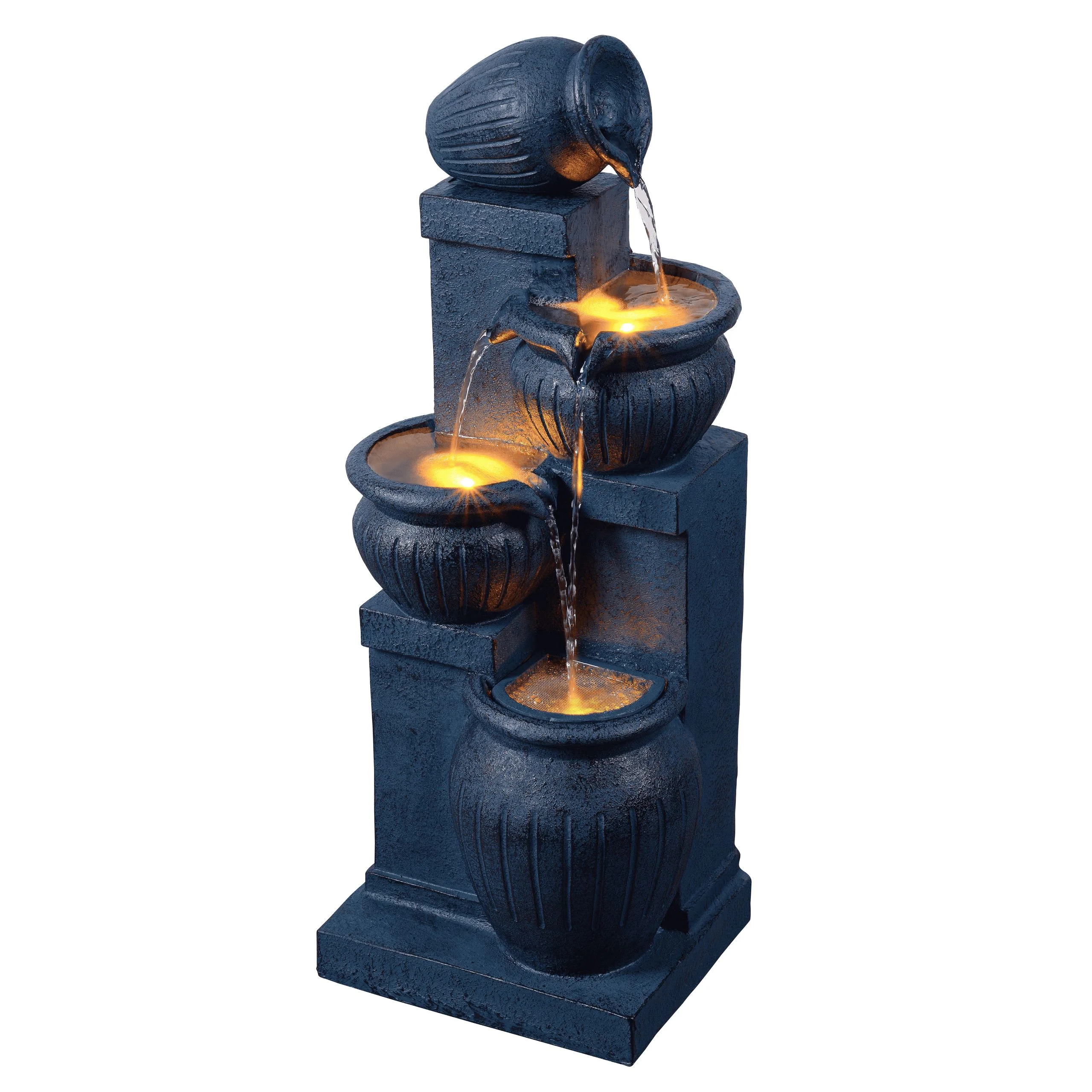 Teamson Home Outdoor Water Fountain with Lights�C 4-Tier Cascading Bowl Design with LED Light & Solar Pump, Solar-Powered Water Fountain Outdoor Garden, Yard, or Patio D��cor, Navy Blue