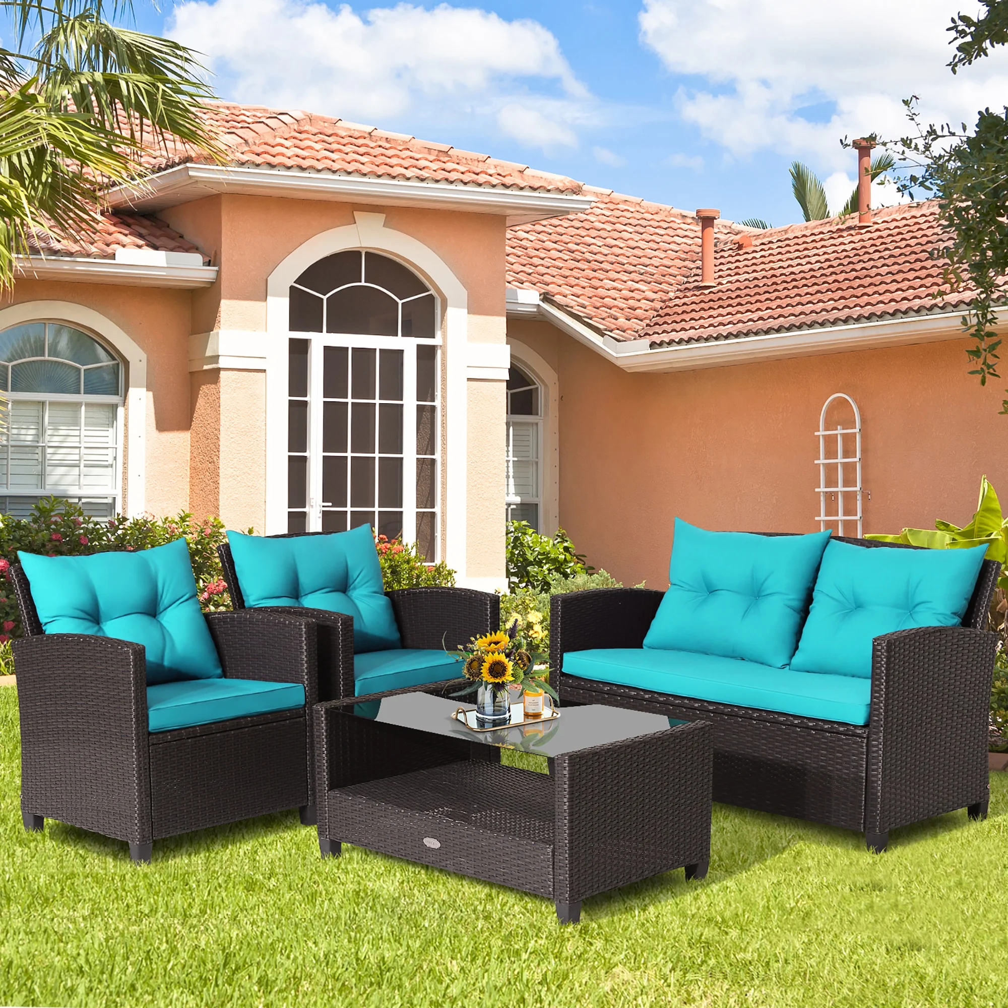 Costway 8 PCS Patio Rattan Furniture Set Glass Table Shelf Sofa Cushion Turquoise