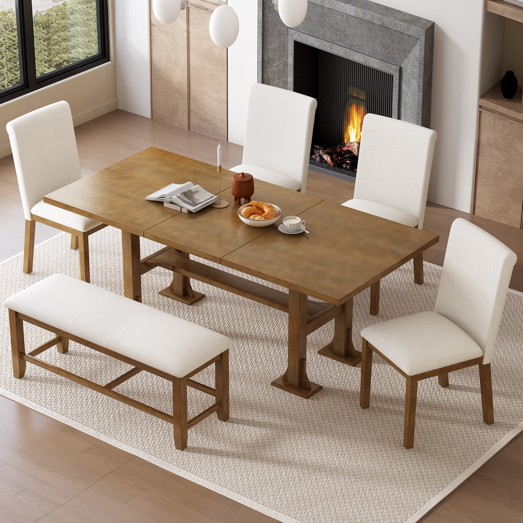 6 Piece Extendable Dining Table Set, Atumon Wood Dining Room Set for 6, Dining Table Set with 4 Cushioned Chairs and Bench, Farmhouse Dining Table Set Furniture for Kitchen Dining Room, Dark Brown