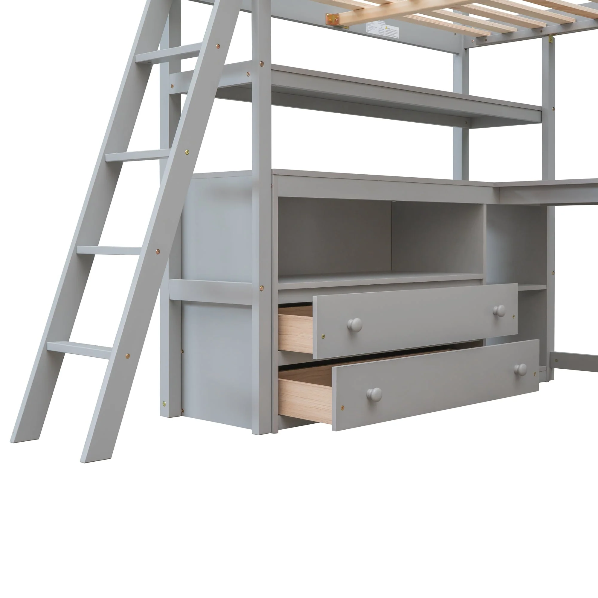 Euroco Full Size Wood Loft Bed with Desk, Shelves and Cabinets for Kids Room, Incline Ladder and 3 Drawers, Gray