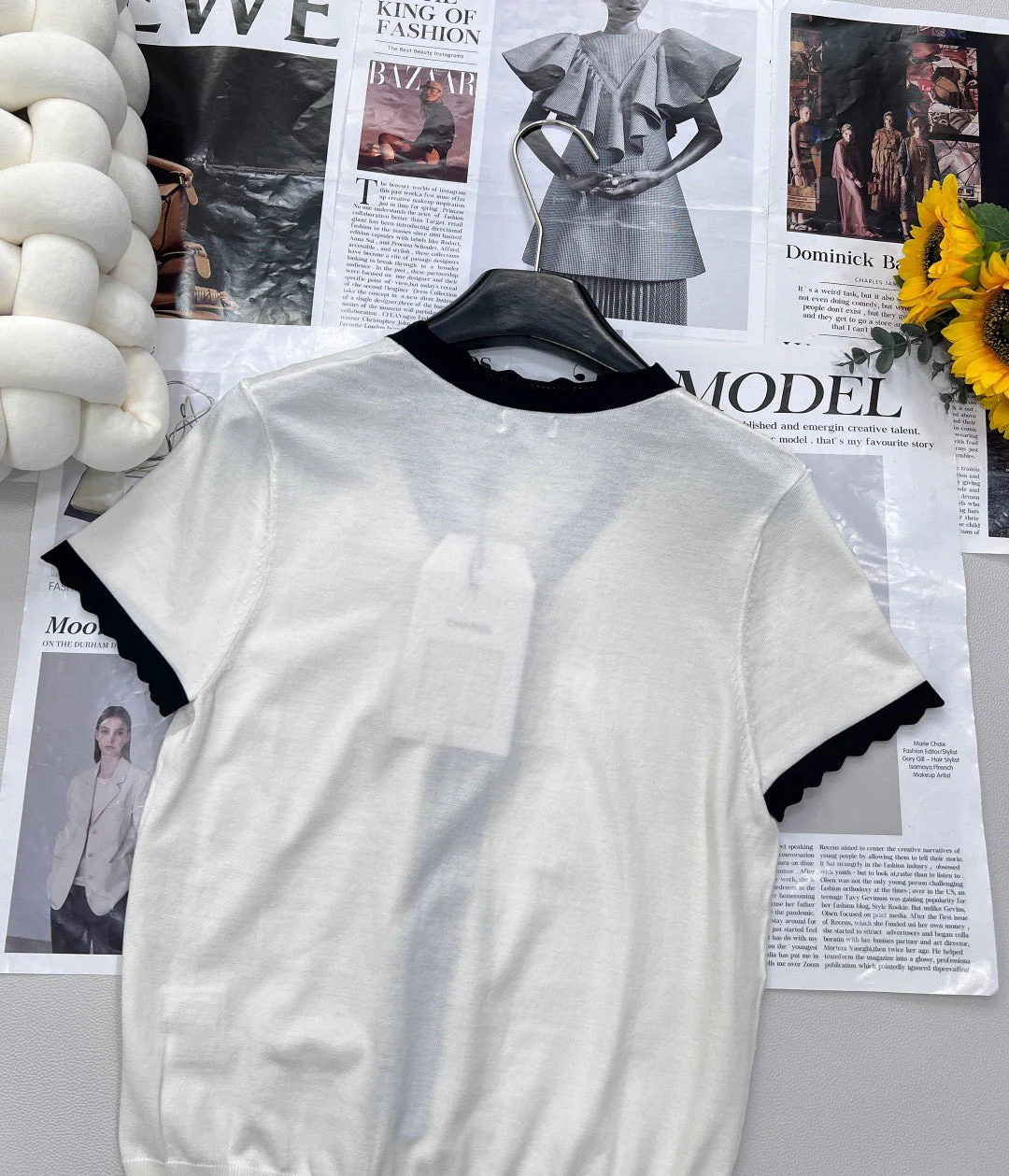 Contrast bow knit short sleeves