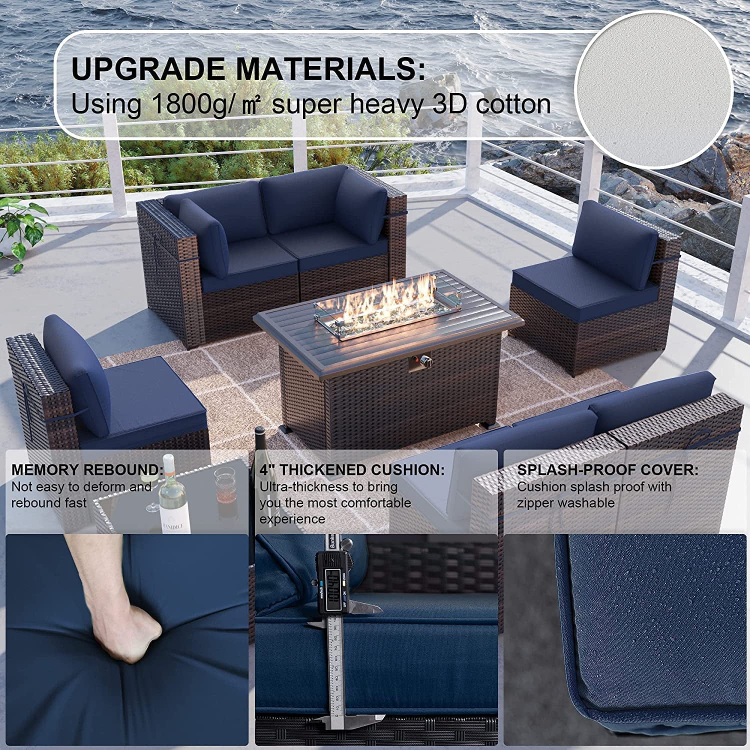 Kullavik Patio Furniture Set PE Rattan Auto-Ignition Propane Fire Pit Windshield Coffee Table Navy Blue