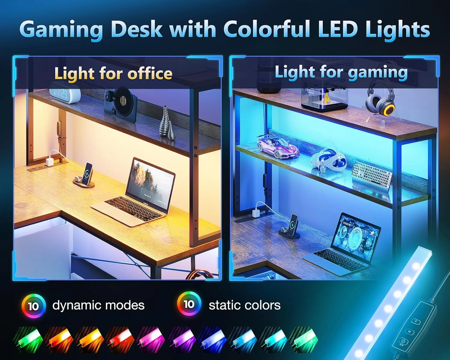 Gaming Desk with Power Outlets & LED Lights, 43 Inch Reversible L Shaped Computer Desk with Shelves & Storage Bag, Corner Desk for Home Office, Black