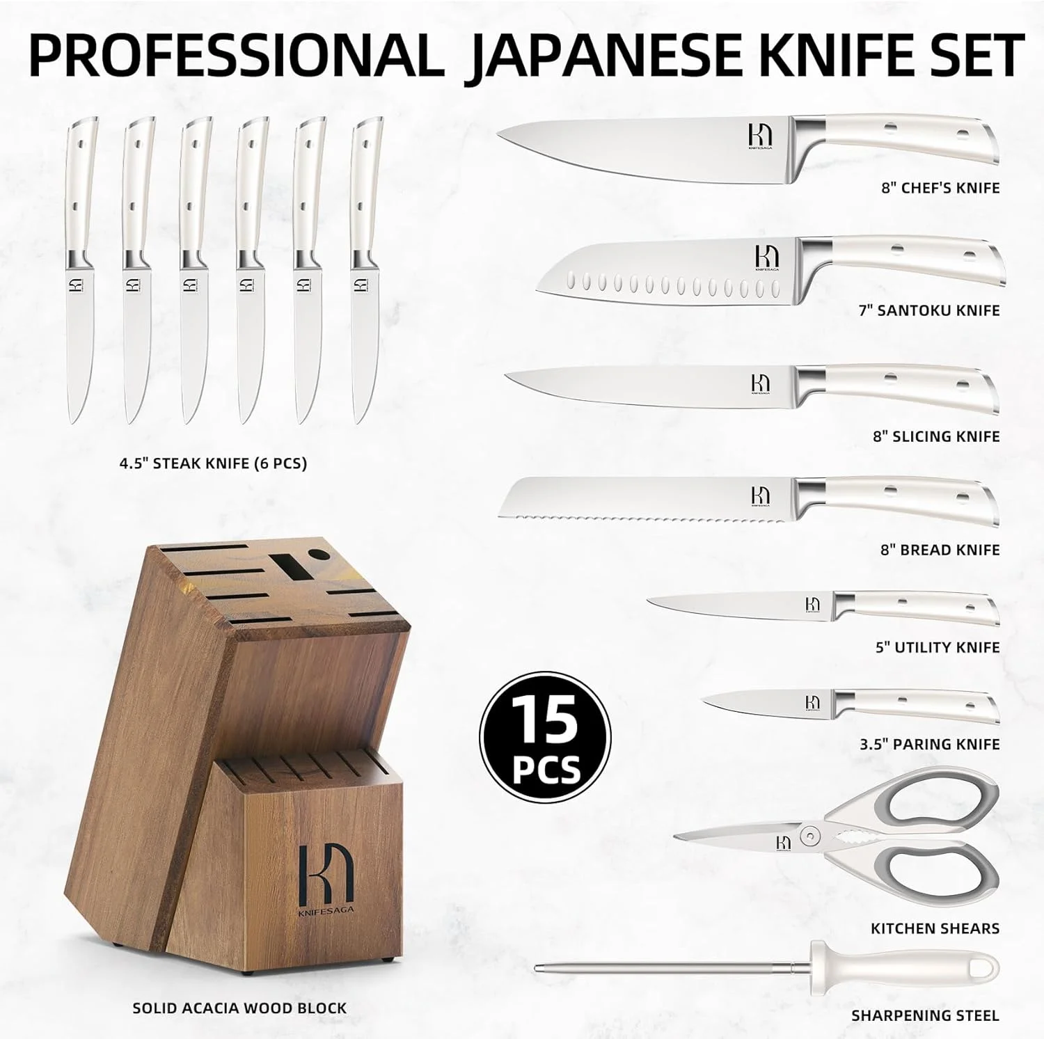 Knife Set 15 Pcs Japanese High Carbon Stainless Steel Kitchen Knife Sets with Block and Sharpener, Premium Razor Sharp Black Knives Block Set for Kitchen with Ergonomic Full-tang Handle